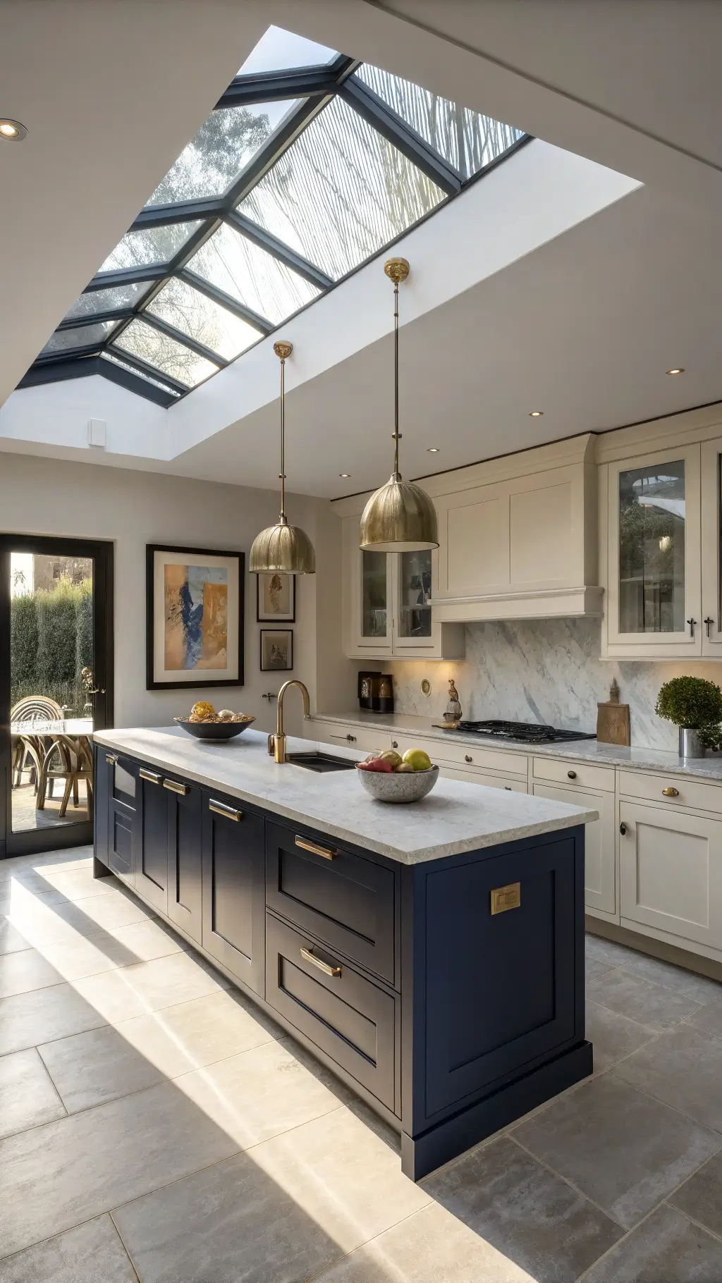 Contemporary kitchen-diner with cream cabinets, navy island, gold accents, skylight, and mid-morning shadows.