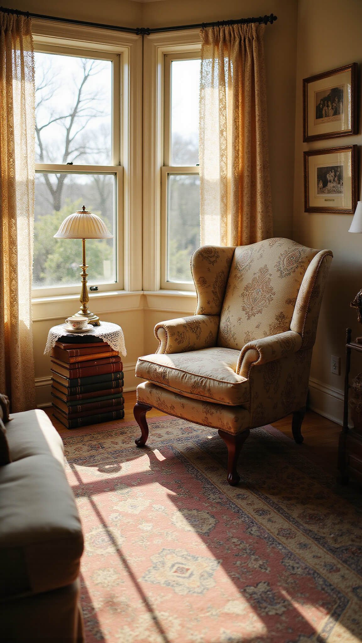 Cozy, sunlit living room with bay windows, lace curtains, vintage armchair by a brass lamp, antique books as a side table, and a Persian rug, bathed in warm golden hour light.