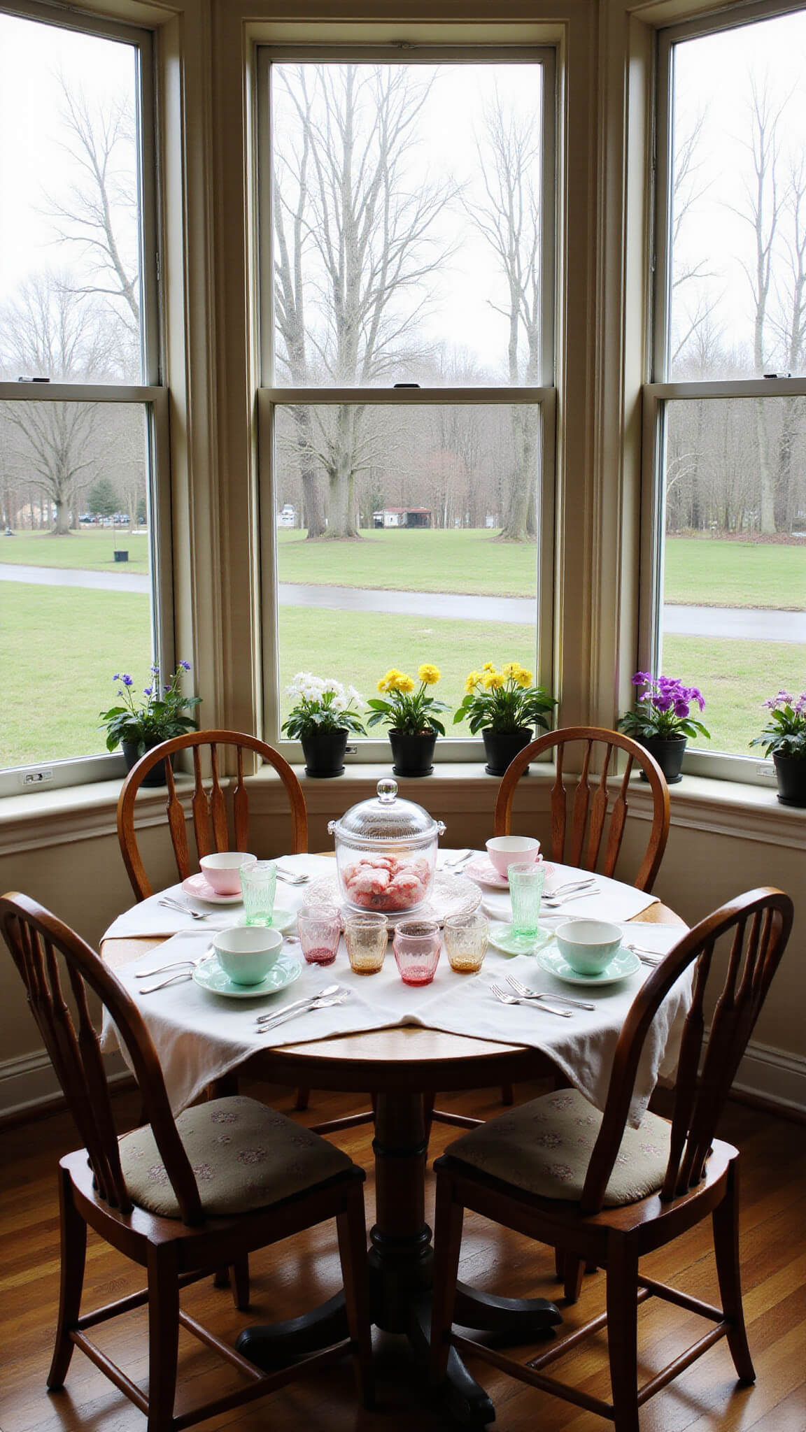 Cozy 8x10ft breakfast nook with curved windows, round oak table set with embroidered linens and pastel Depression glass, surrounded by weathered chairs with hand-stitched cushions, African violets on sills, and morning light casting rainbow prisms.