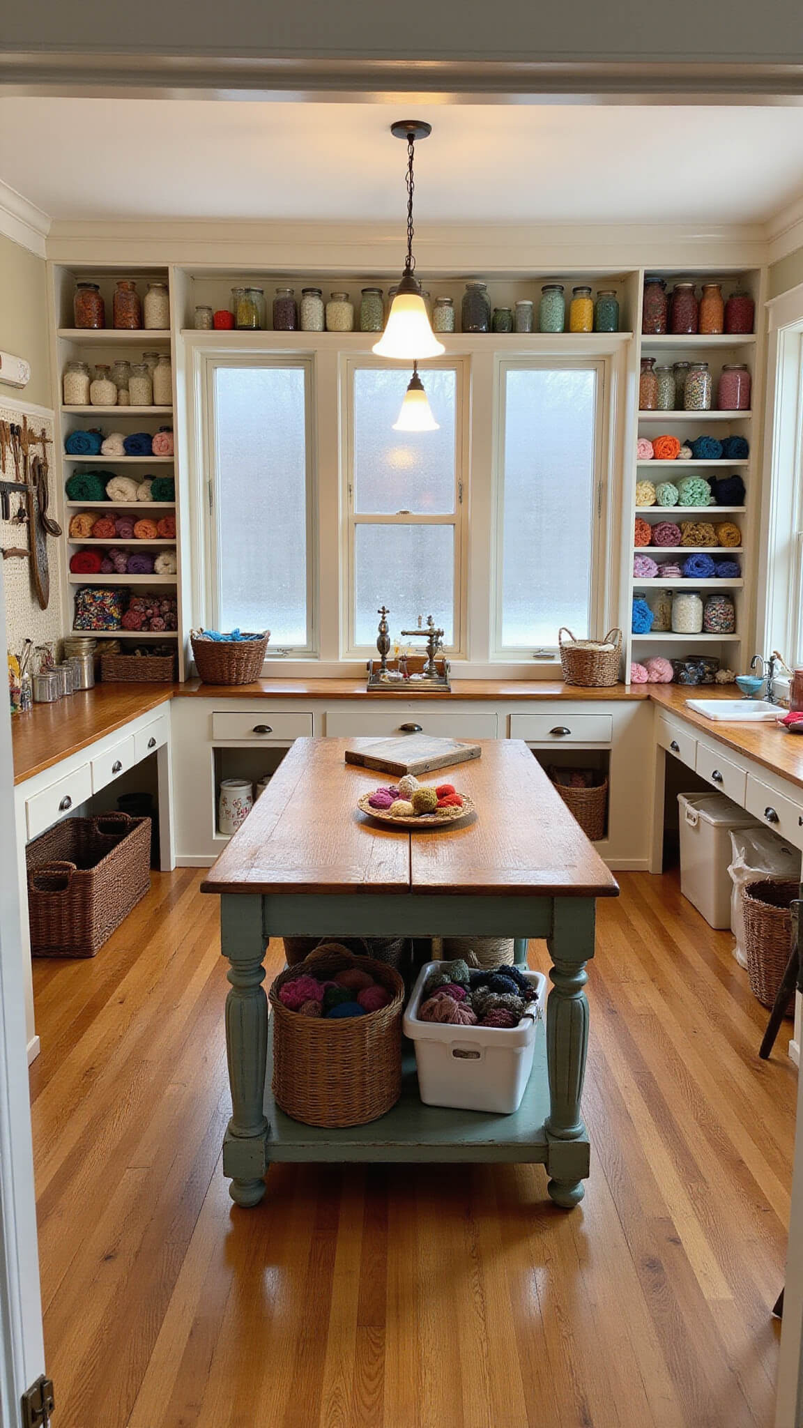 Wide-angle view of a spacious 16x18ft craft room with color-organized yarn in mason jars on built-in shelves, a farmhouse table with knitting projects, wicker baskets of fabric scraps, antique sewing tools on a pegboard wall, and warm natural and overhead lighting.