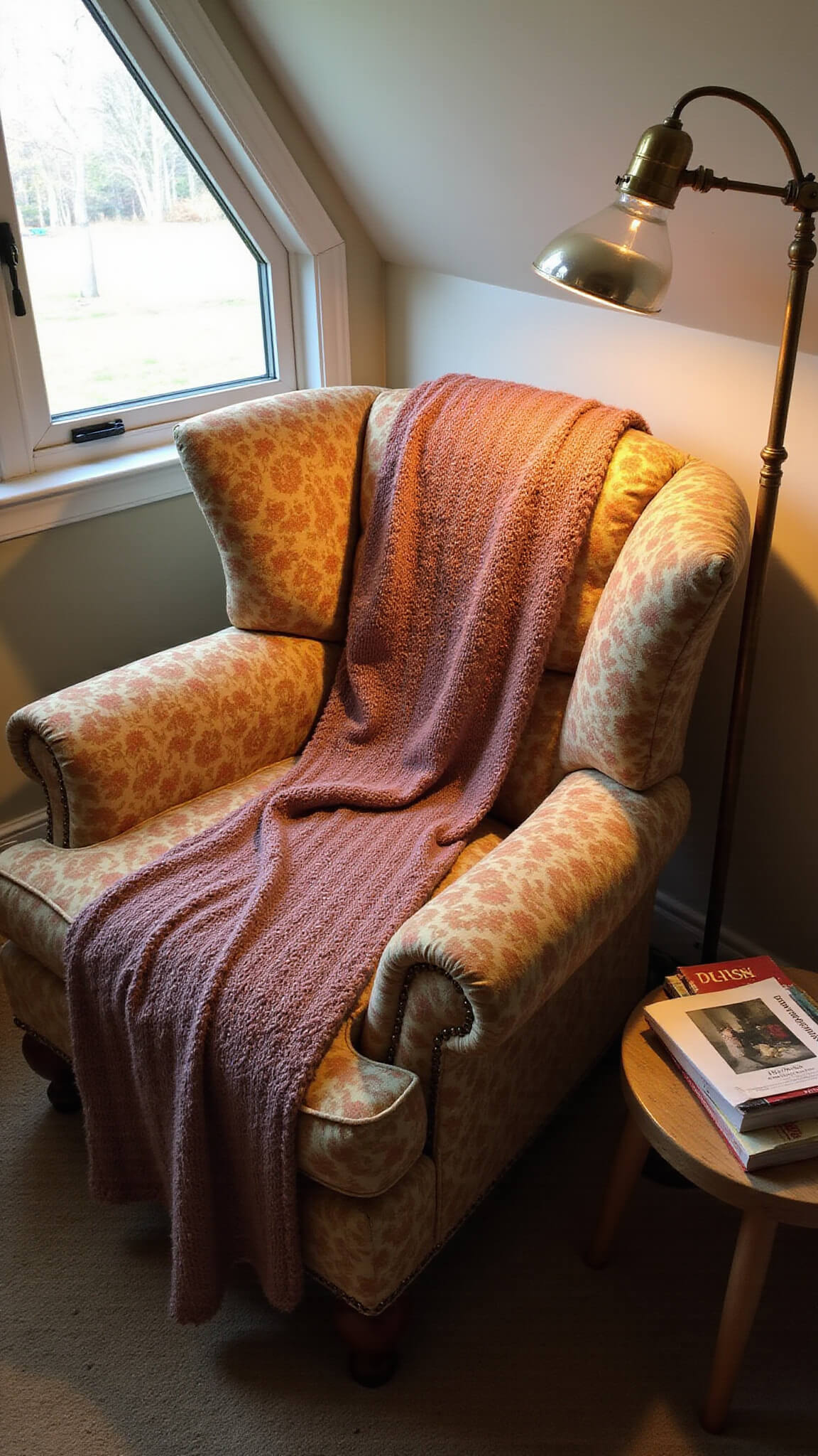 Cozy reading nook in dormer window with oversized chintz armchair, autumn afghan, brass lamp, vintage magazines on wooden stool, and warm late afternoon lighting.