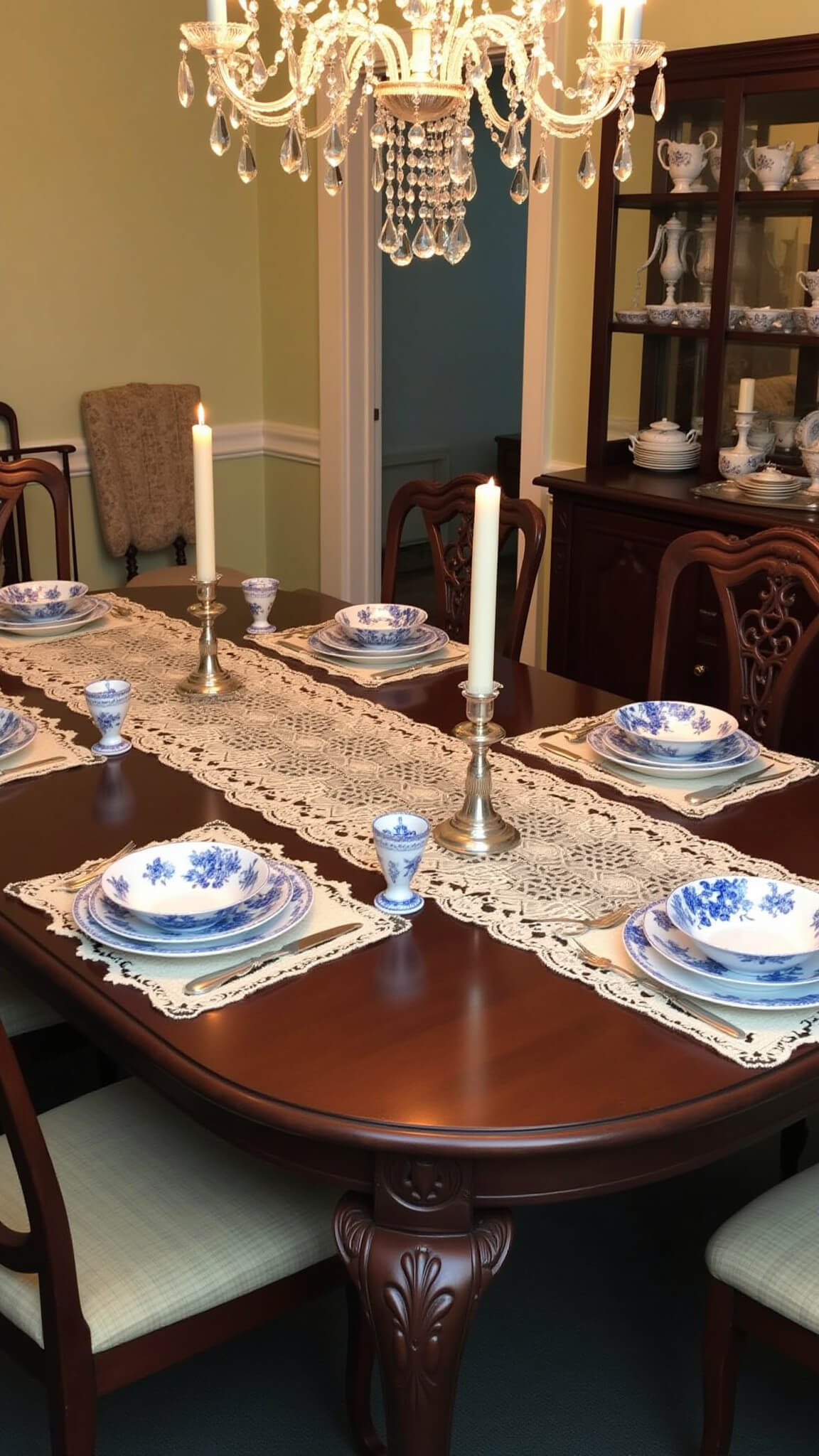 Elegant 15x17ft traditional dining room with wainscoting, crystal chandelier, mahogany table set with blue and white vintage china, lace and damask tablecloth, silver candlesticks, and china cabinet, softly lit by dusk light and candles.