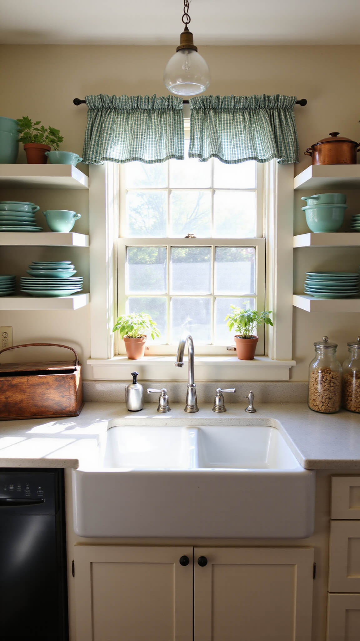 Cozy 9x11ft kitchen with jadeite dishes, copper cookware on open shelves, gingham curtains, farmhouse sink, herb garden, vintage decor, and morning light.