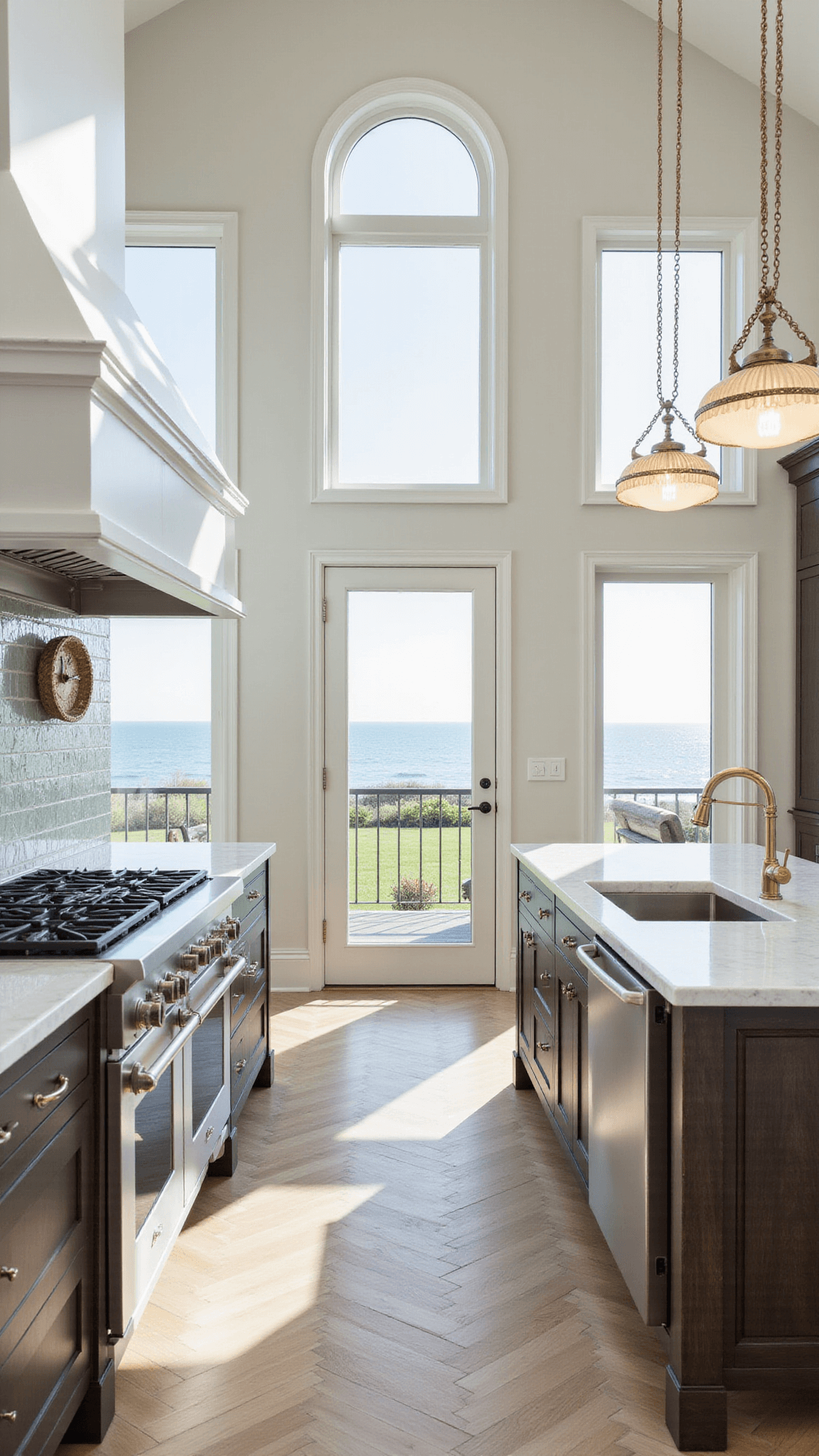 Wide shot of coastal-inspired chef's kitchen with ocean view, marble island, white oak herringbone floors, and built-in bar.