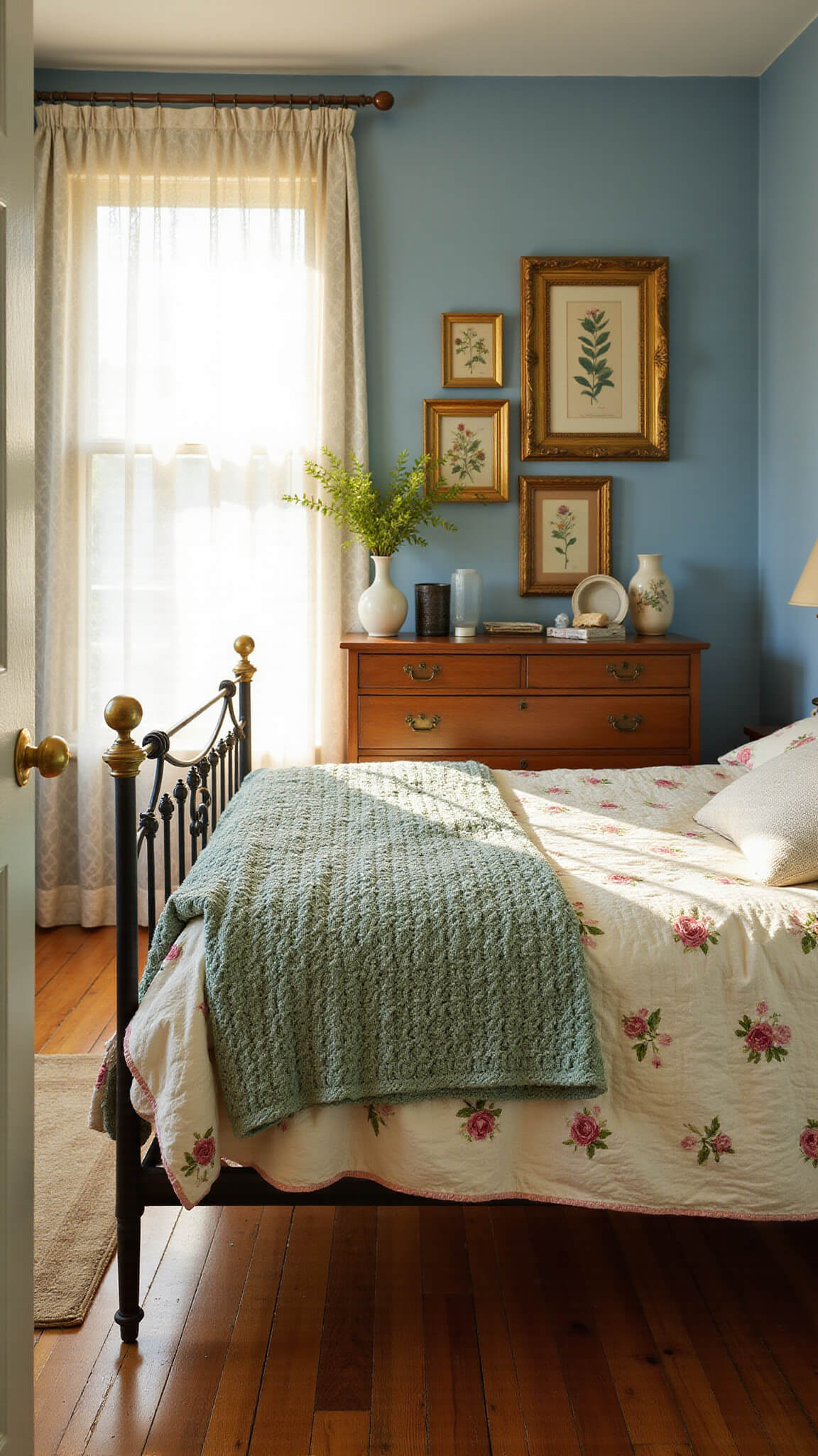 Sunlit vintage bedroom with wrought-iron bed, layered quilts, oak dresser, lace curtains, and botanical wall art at golden hour.