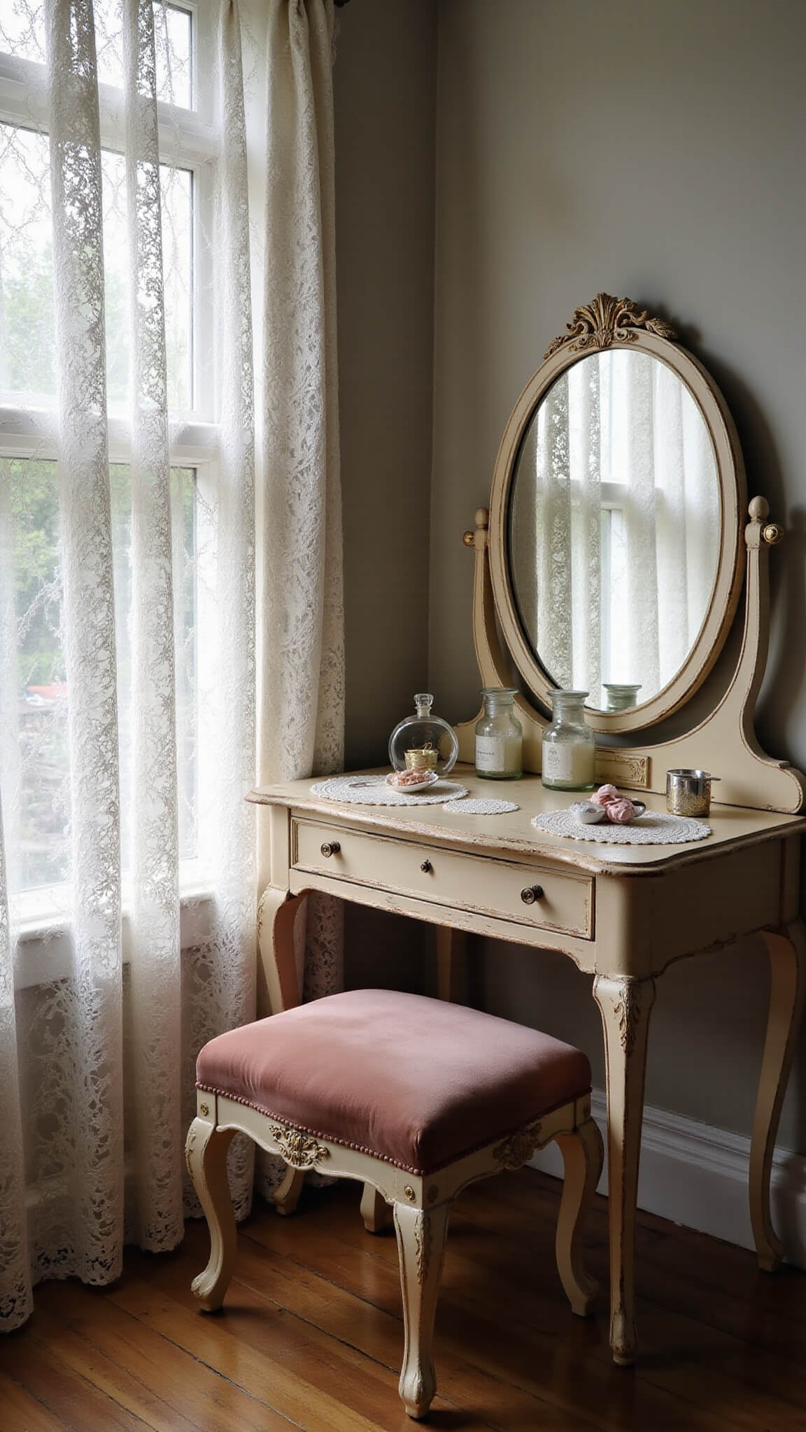 Close-up of vintage vanity corner bathed in morning light, featuring lace curtains, weathered cream vanity with crystal bottles, rose velvet stool, and brass details.
