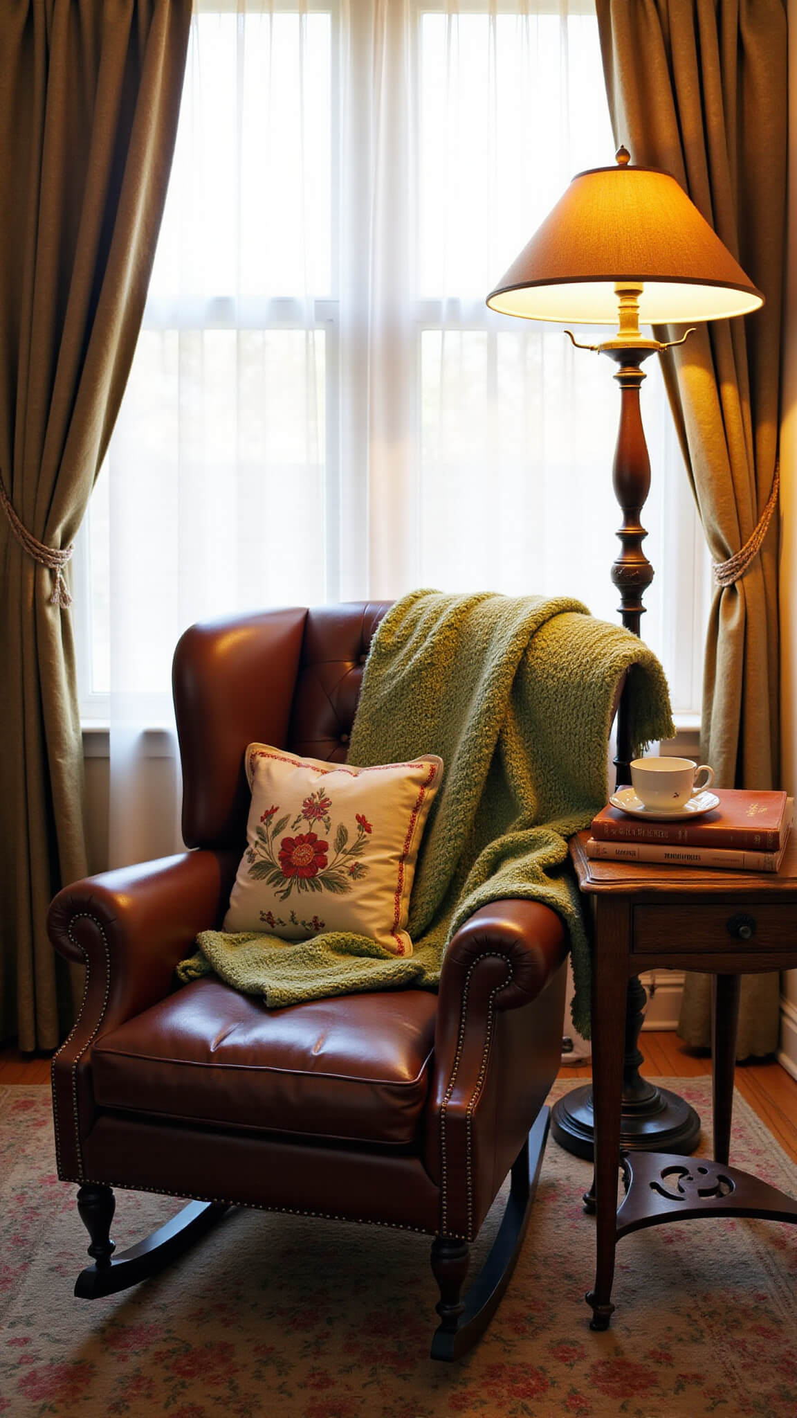 Cozy reading corner with leather rocking chair, sage green throw, vintage floor lamp, books, and teacup bathed in warm afternoon light.