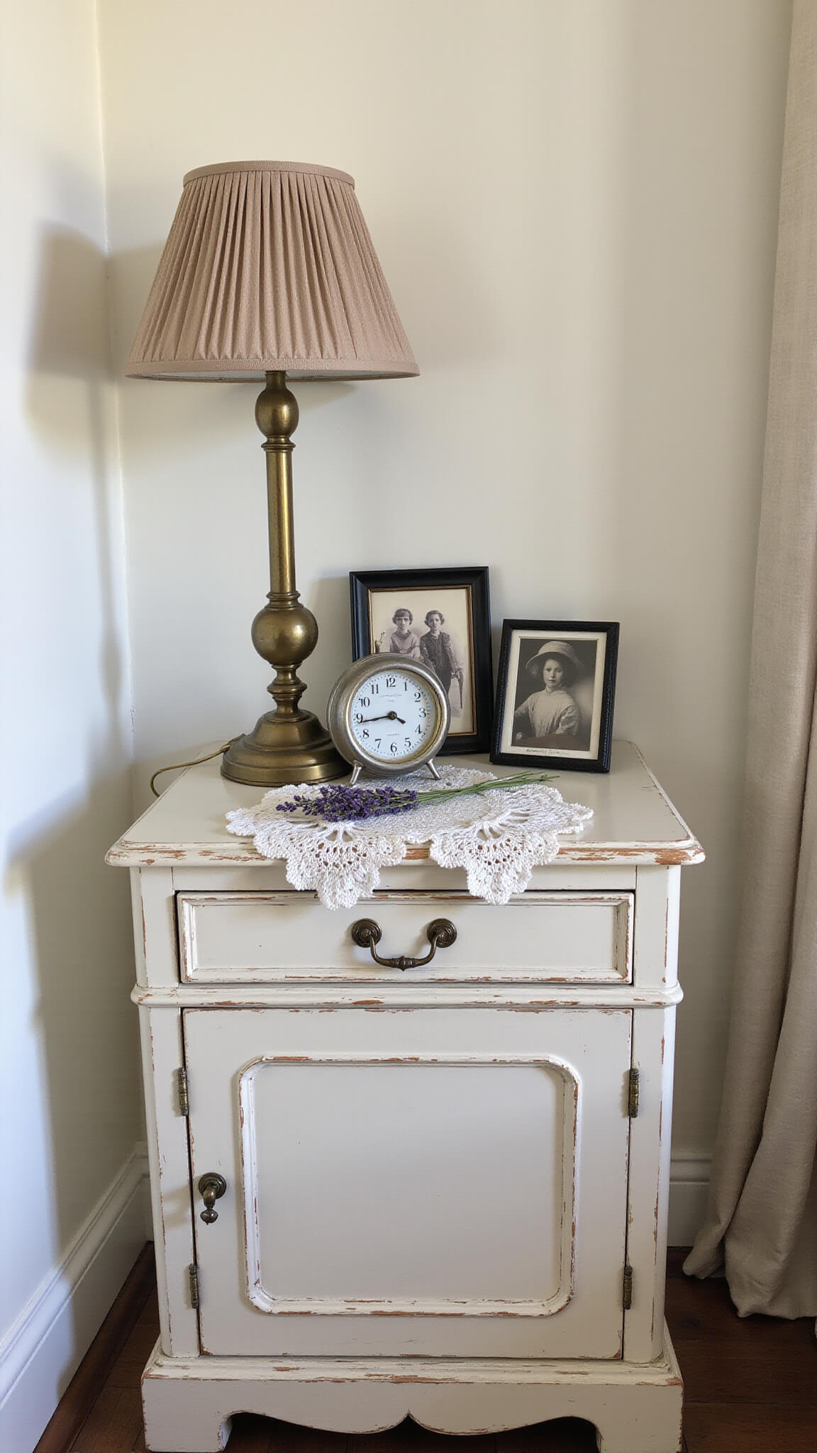 Cozy bedside vignette with antique ivory nightstand, brass lamp on crocheted doily, silver-framed photos, porcelain clock, and dried lavender in mercury glass vase, bathed in soft morning light.
