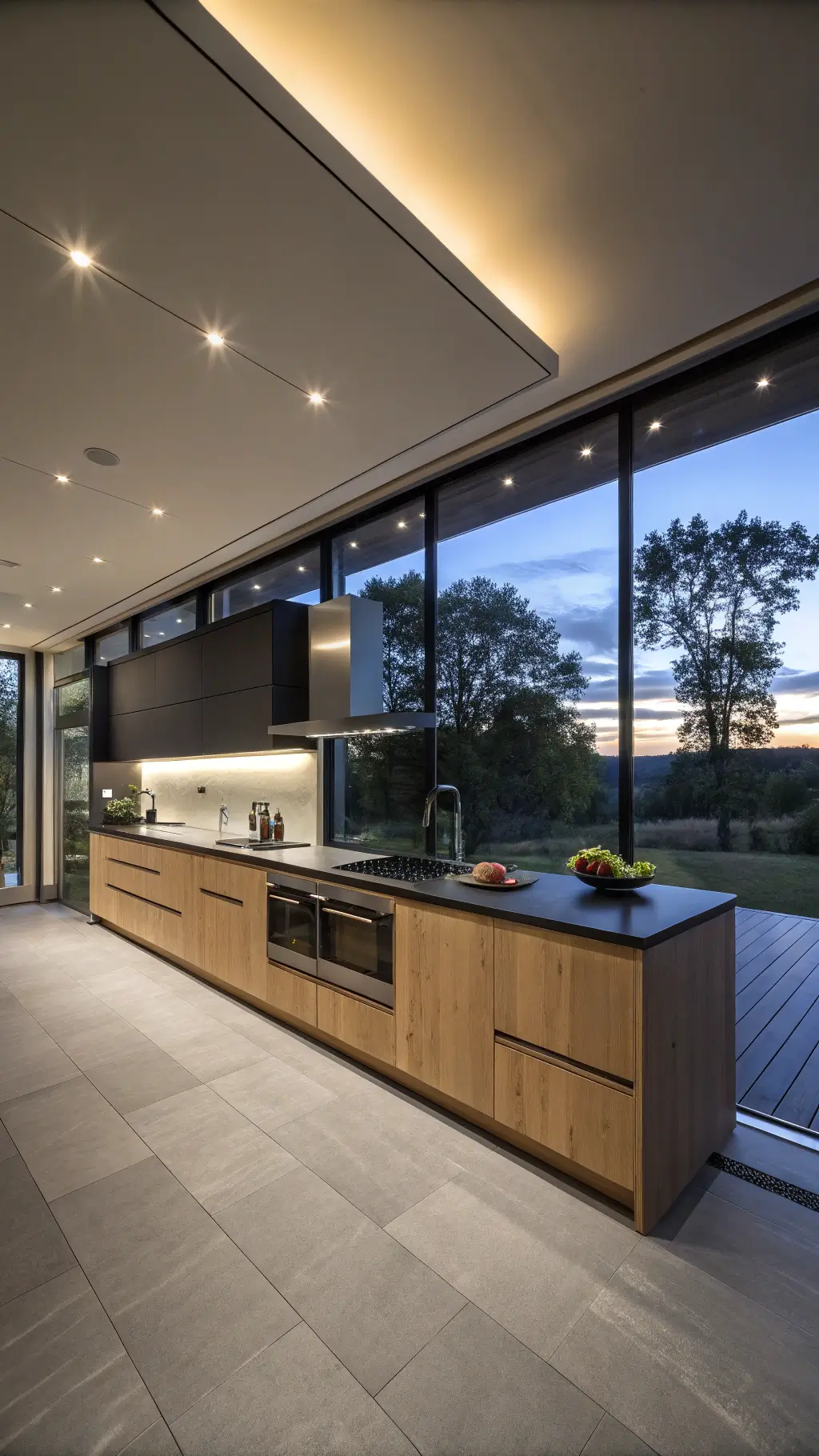 Modern minimalist kitchen at twilight with sleek maple cabinets, matte black countertops, and ambient LED lighting.