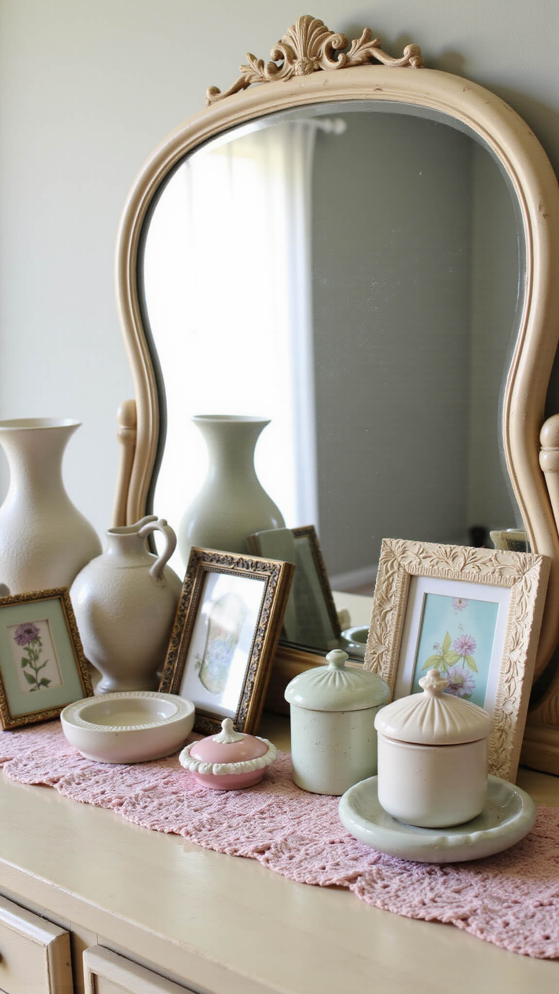 Vintage-style dresser tableau with milk glass, framed pressed flowers, and ceramic trinkets on crocheted runner, lit by bright midday light.