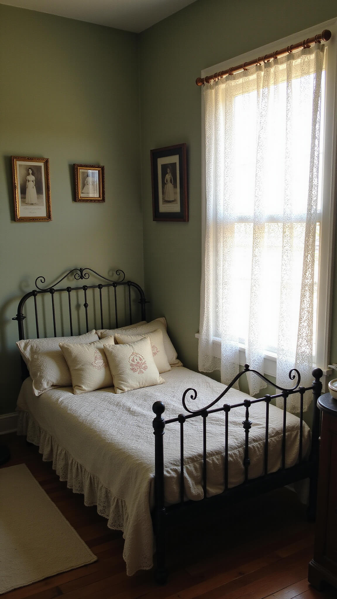 Low-angle view of a sunlit guest room with a wrought-iron daybed, vintage quilts, antique washstand, and sepia family photos on sage green walls.