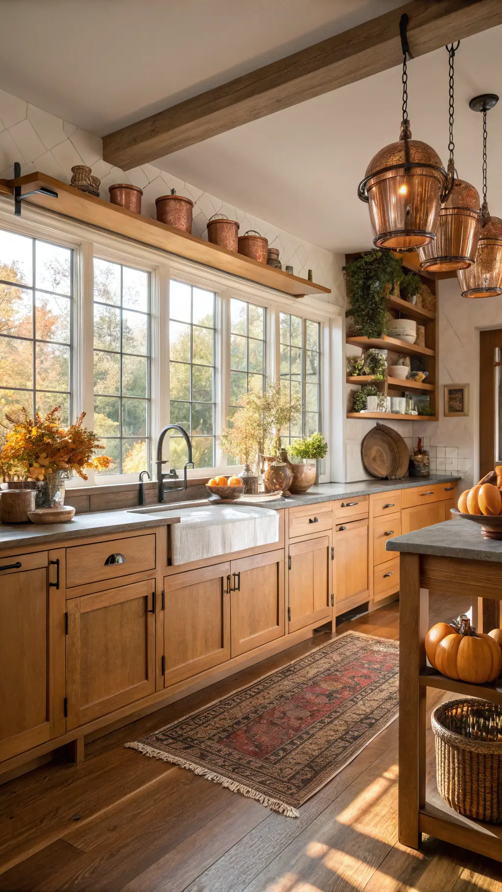 Warm autumn kitchen with oak cabinets, copper pots, ceramic pumpkins, and golden afternoon backlight.