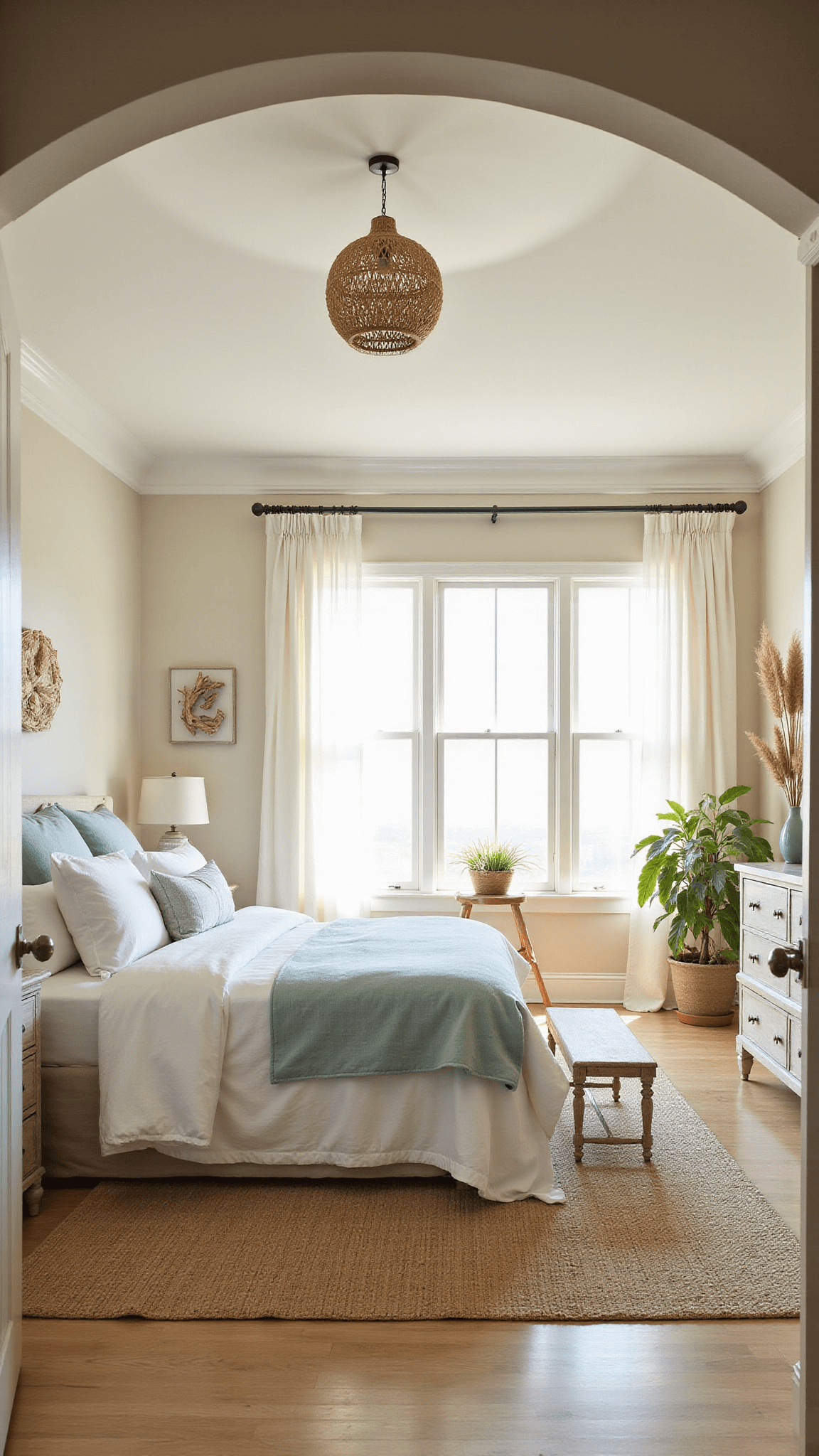 Coastal master bedroom with seafoam and white linens, sunlit bay windows, weathered oak furniture, and natural coastal decor.