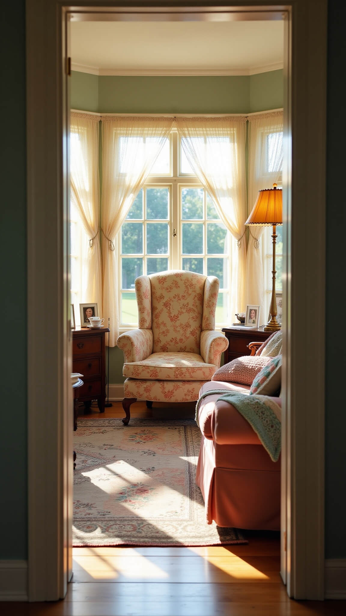 Vintage sunlit living room with Victorian furniture, floral wingback chair, lace curtains, and antique décor in warm golden-hour light.