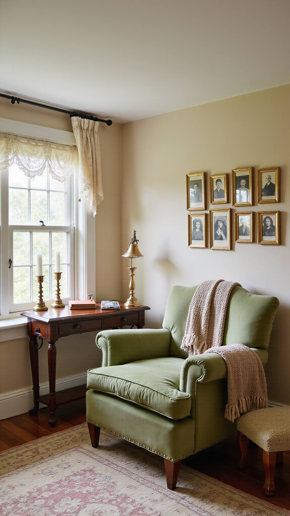 Cozy 12x14ft reading nook with Victorian sage green armchair, antique side table, lace-curtained dormer window, and sepia family photos in ornate frames, bathed in warm morning light.