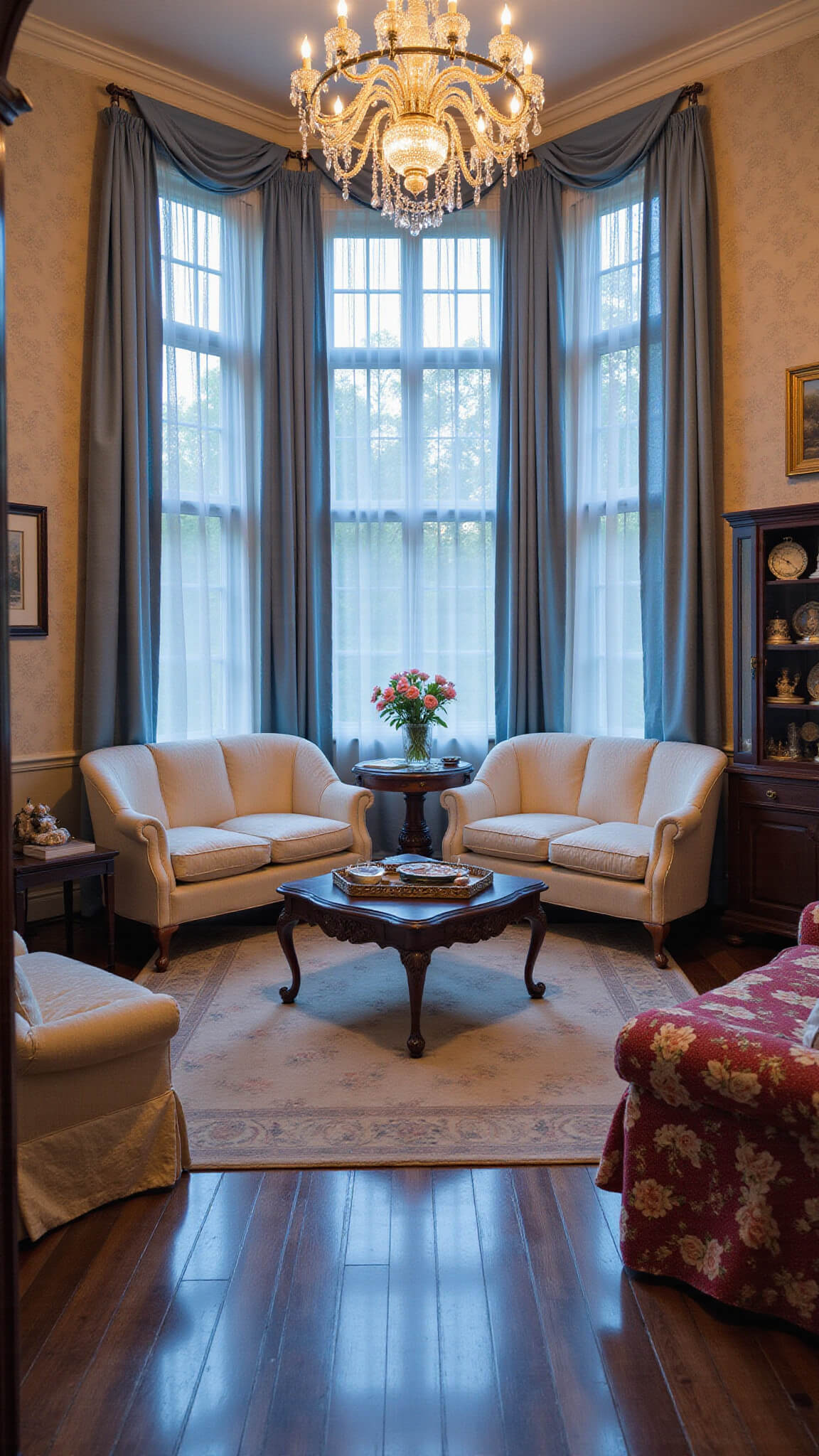 Elegant formal living room at twilight with cream brocade sofas, antique coffee table, crystal chandelier, and tall curtained windows, viewed from a low entrance angle.