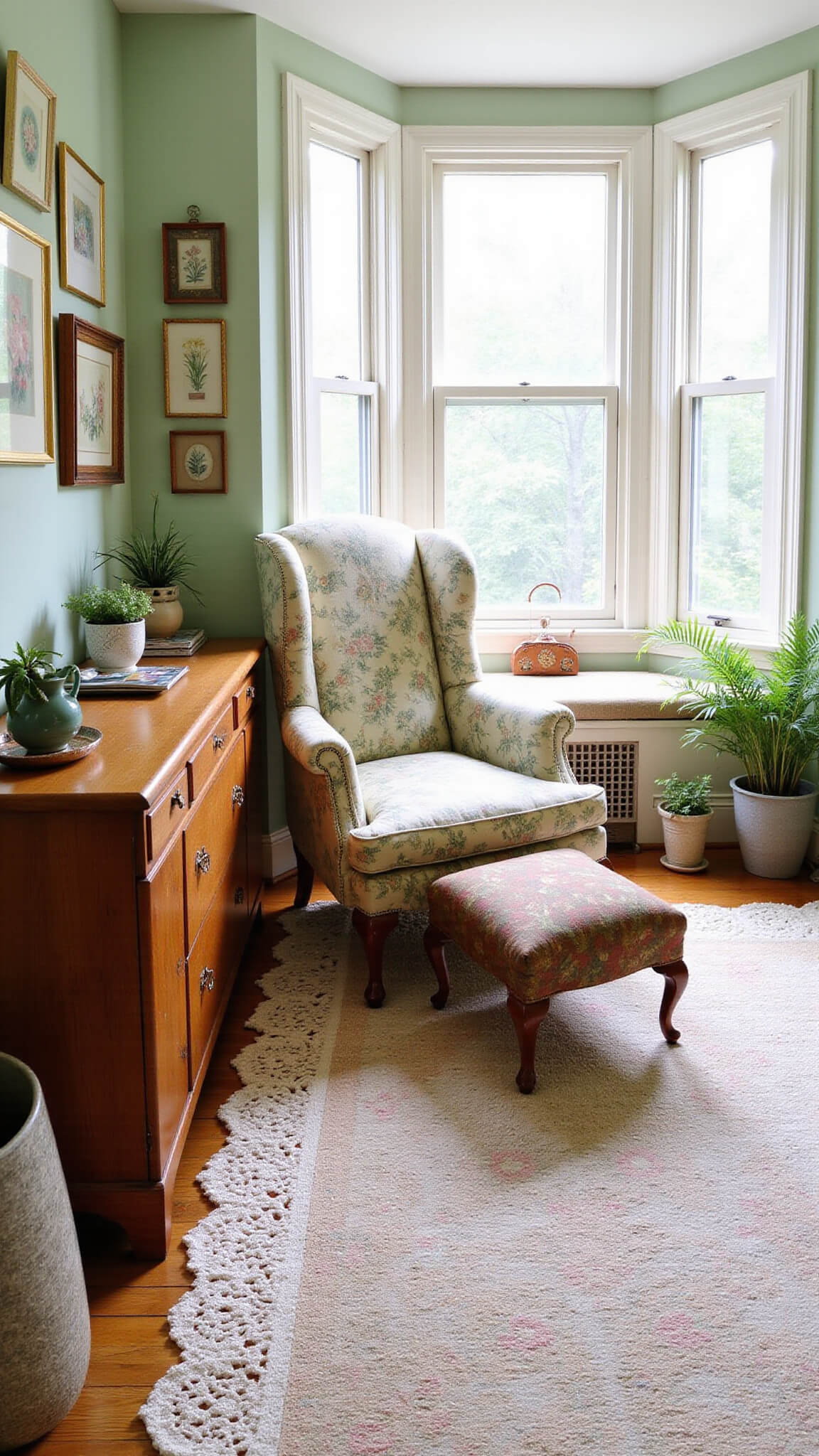 Cozy sitting room with bay window seat, floral bergère chair, vintage sideboard with teapots, handwoven pastel rug, and botanical art in warm natural light.