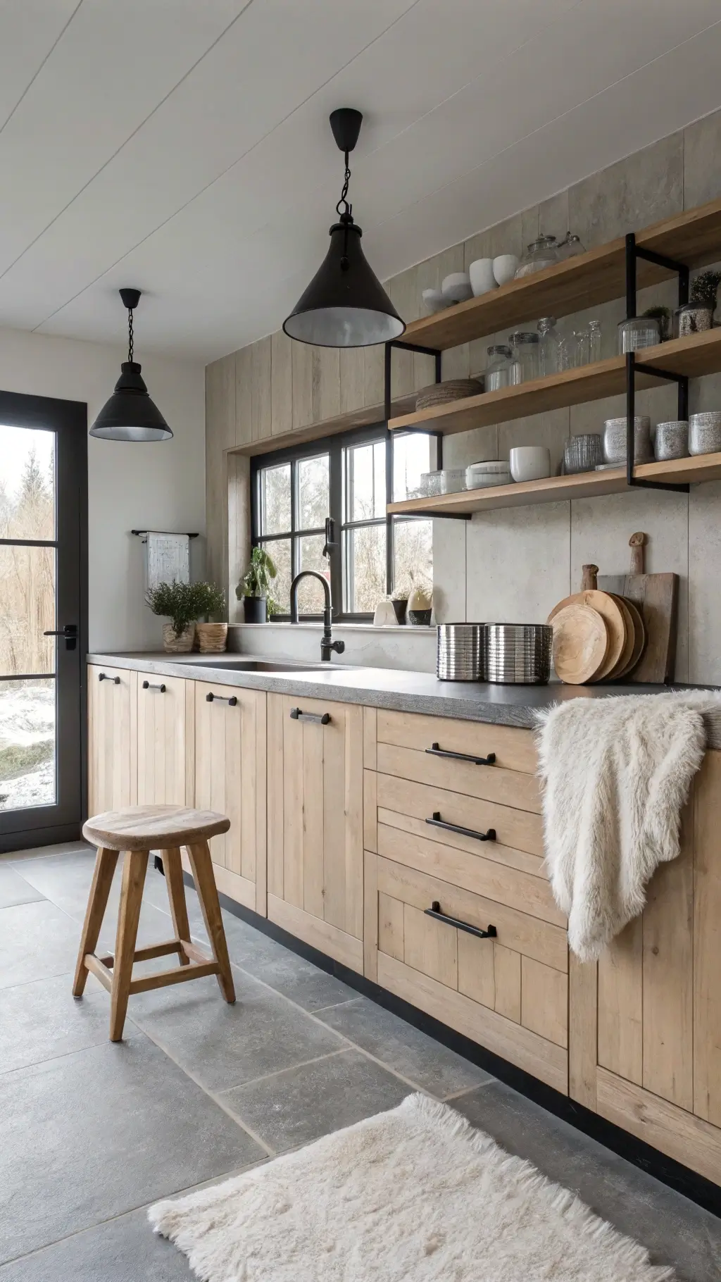 Nordic-rustic kitchen with bleached oak cabinets, concrete counters, black accents, and open shelving displaying white ceramics, captured in soft overcast light.