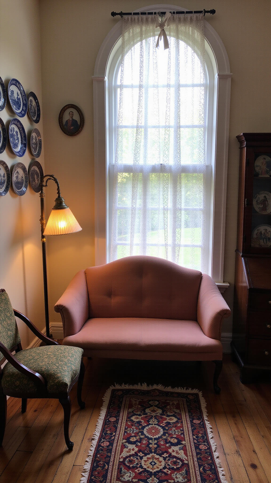 Cozy 12x12ft parlor at dusk with dusty rose velvet settee under arched window, dark wood desk displaying mini portraits, Persian runner, brass lamp glowing warmly, Blue Willow plates on wall, and colorful granny square afghan.