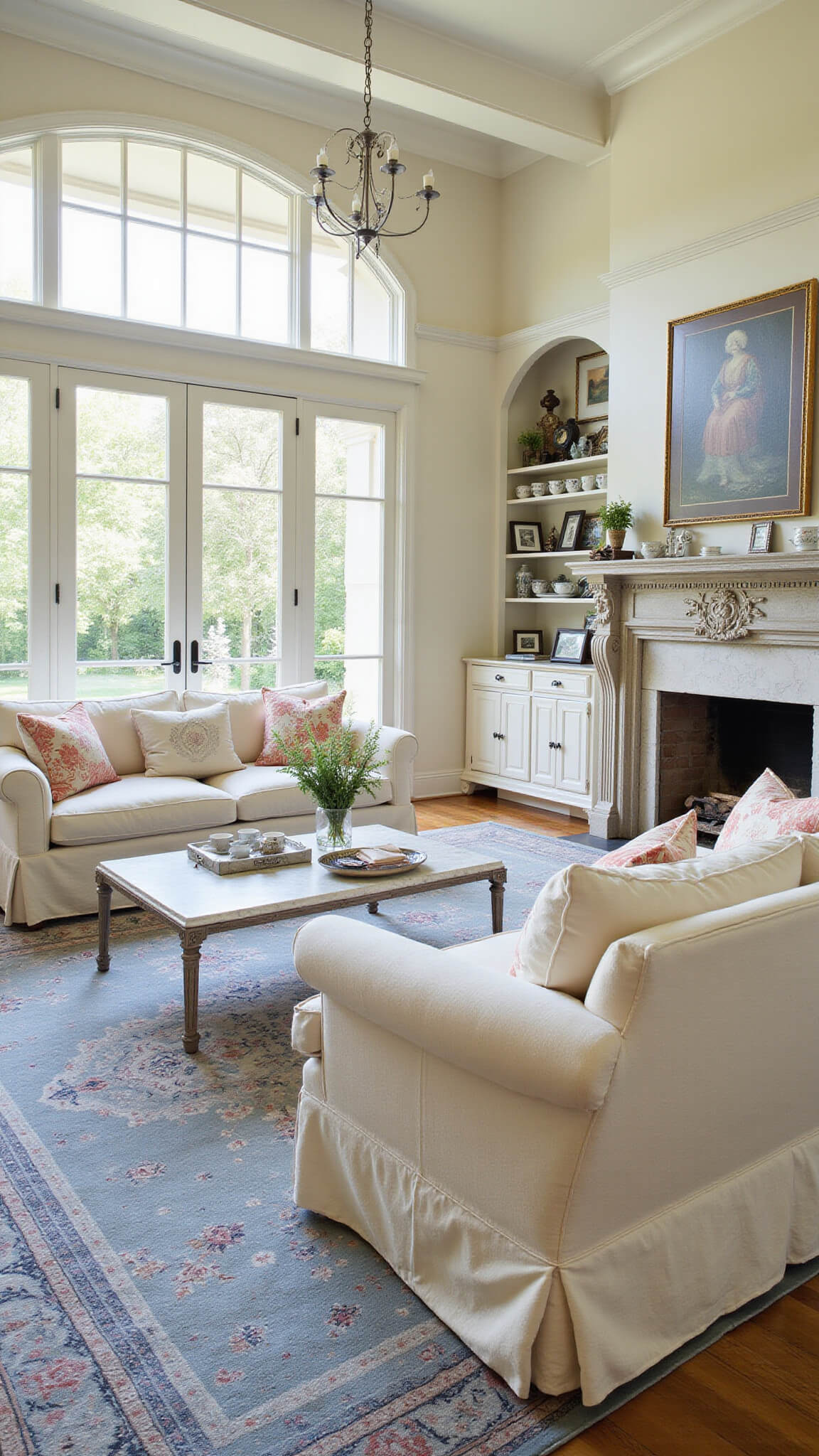 Spacious 20x24ft family room with cream sofas, marble fireplace, antique teacup display, and garden view through French doors.