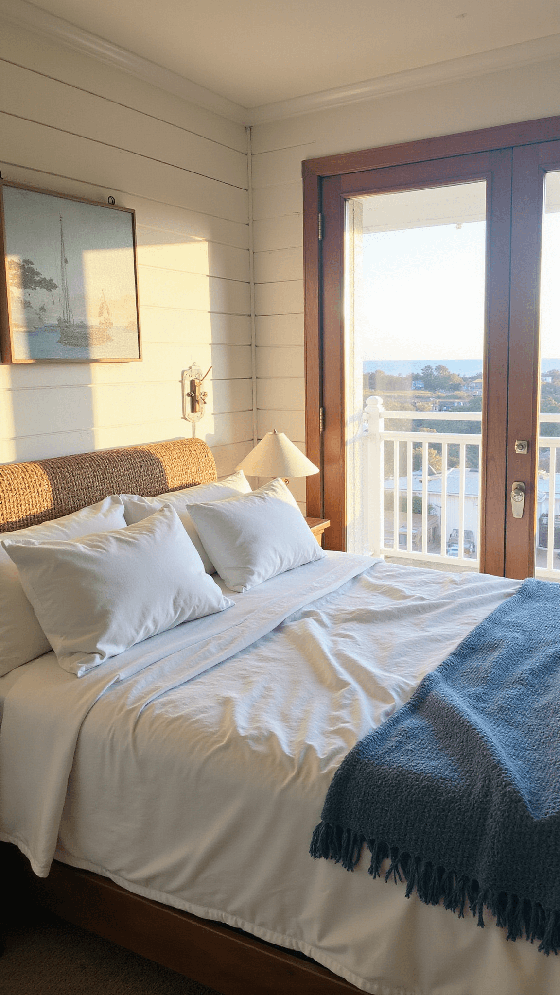 Cozy beachside guest room at golden hour with warm light on white linens, blue throws, seagrass headboard, and maritime artwork.