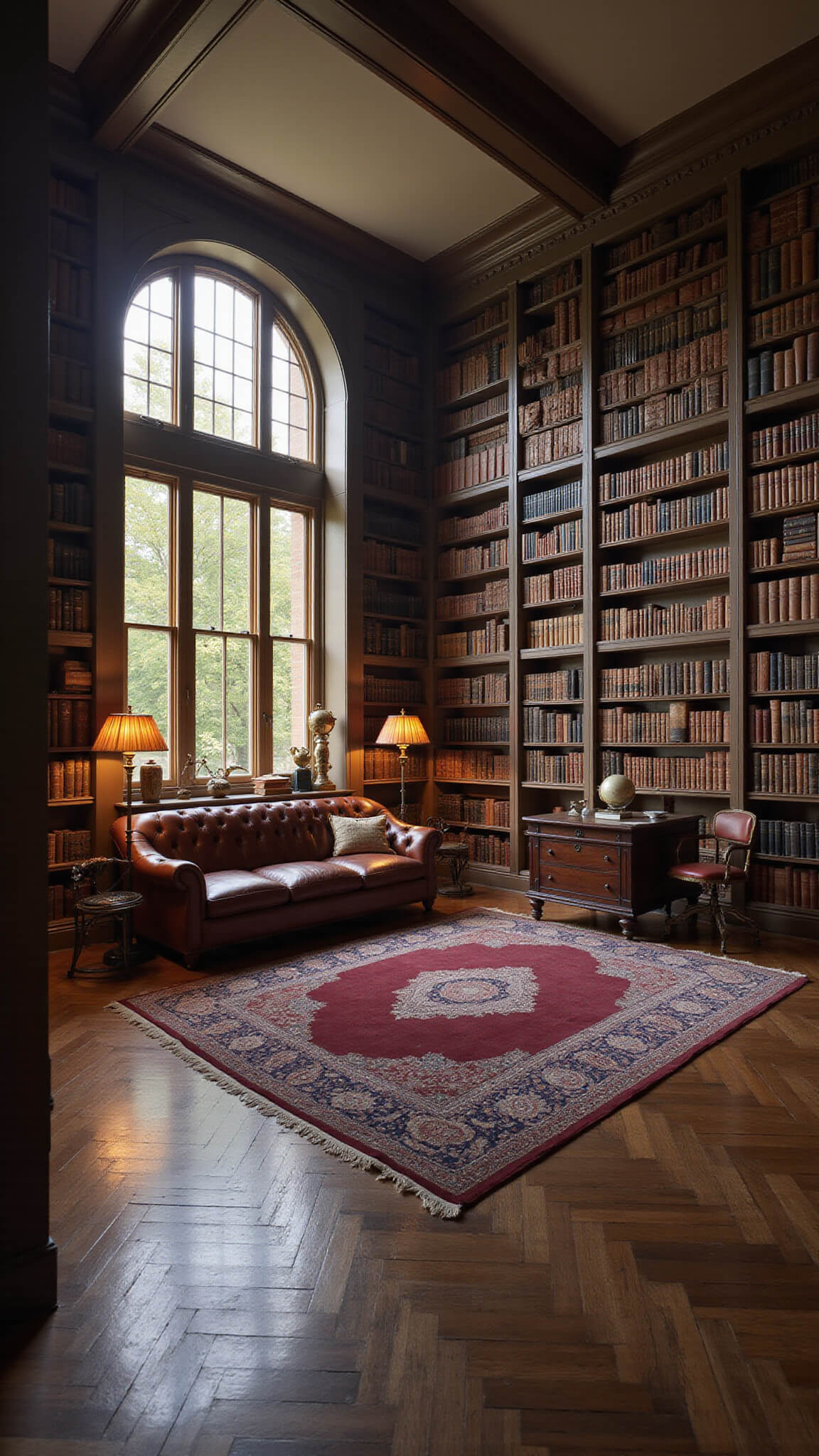 Victorian library with tall arched windows, mahogany bookshelves, leather Chesterfield sofa, antique desk with globes, and golden hour light casting shadows on herringbone floors.