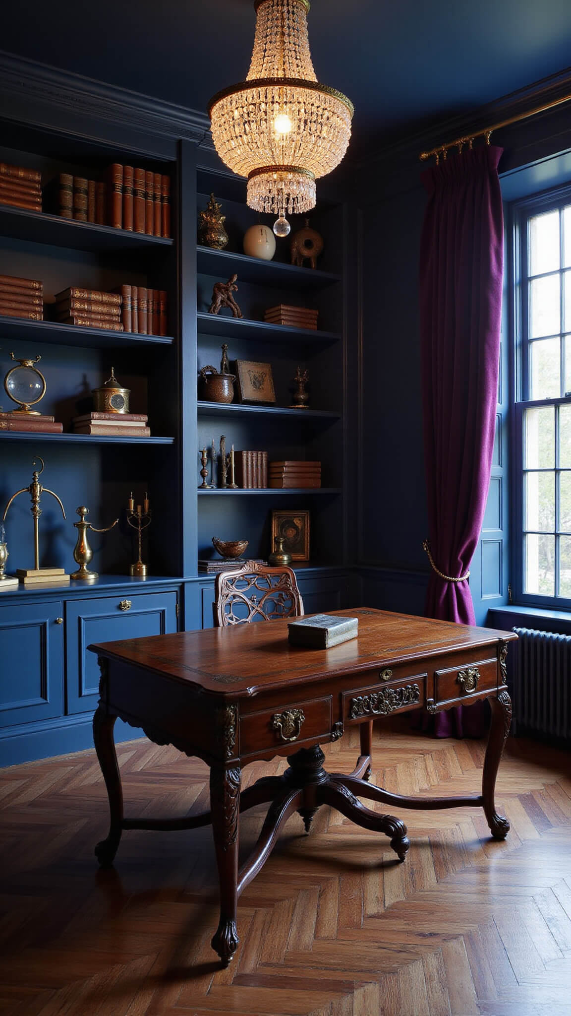 Cozy 12x14ft home office with midnight blue walls, antique desk under crystal chandelier, velvet curtains, built-in bookshelves, and scientific decor in dramatic twilight lighting.