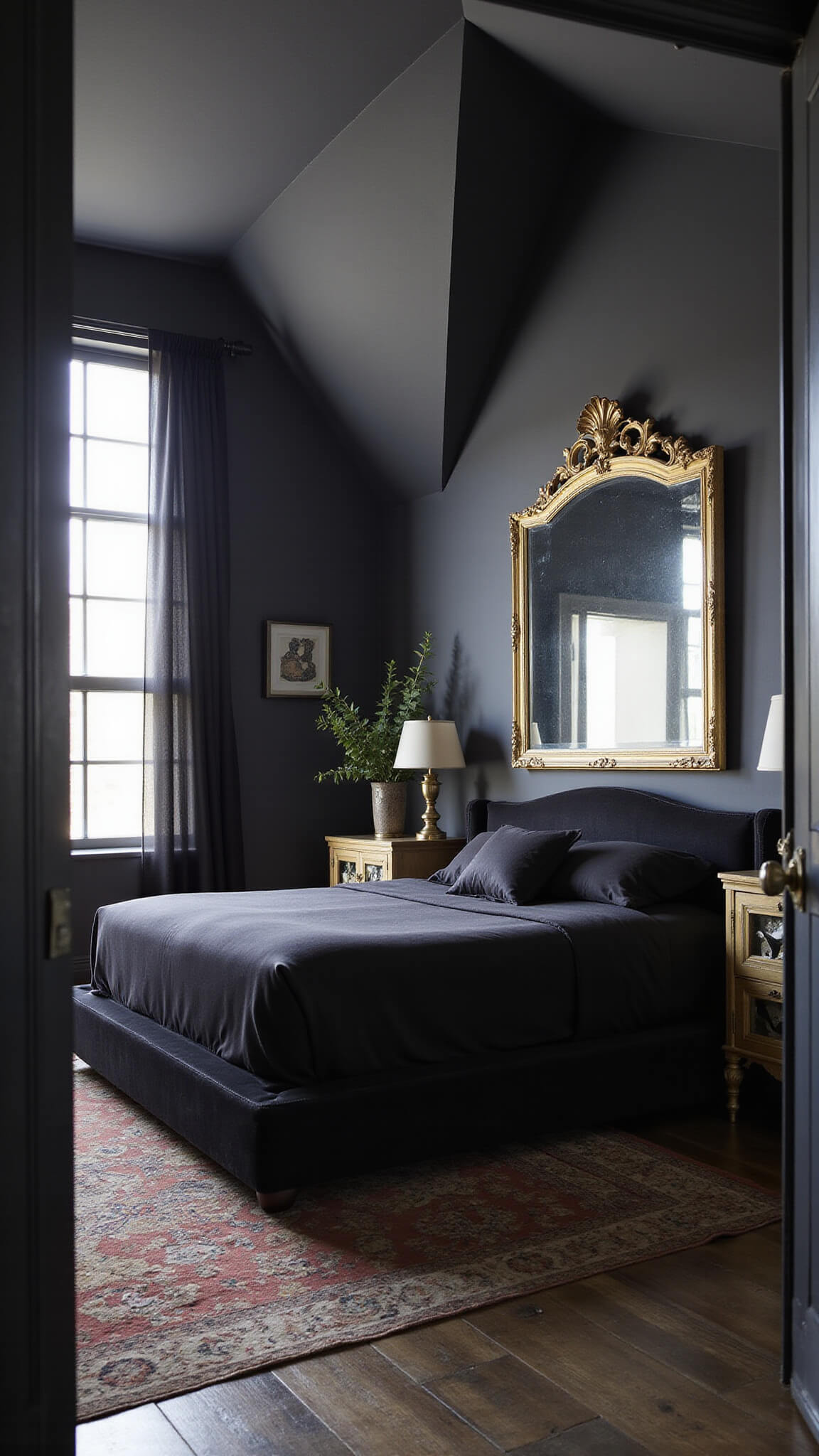 Modern gothic bedroom with vaulted charcoal gray ceiling, black velvet platform bed, gilded mirror, sheer black drapes, vintage brass lamps, curiosity cabinets with preserved butterflies, and layered luxe textures in dawn light.