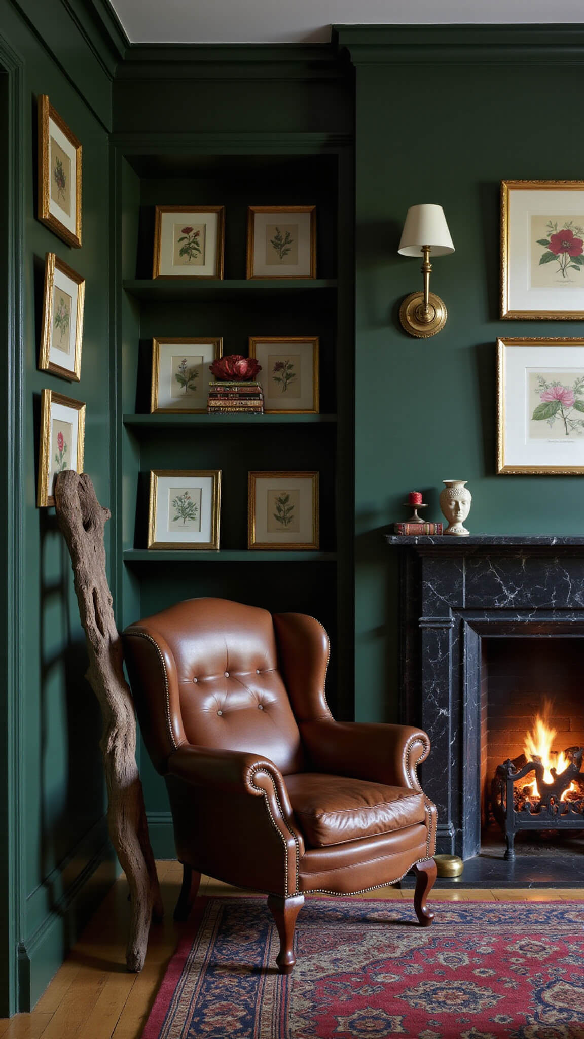 Cozy reading nook with leather wingback chair by black marble fireplace, surrounded by Hunter Green walls, brass sconces, botanical prints in gold frames, and wooden ladder to library shelves, lit by firelight at dusk.