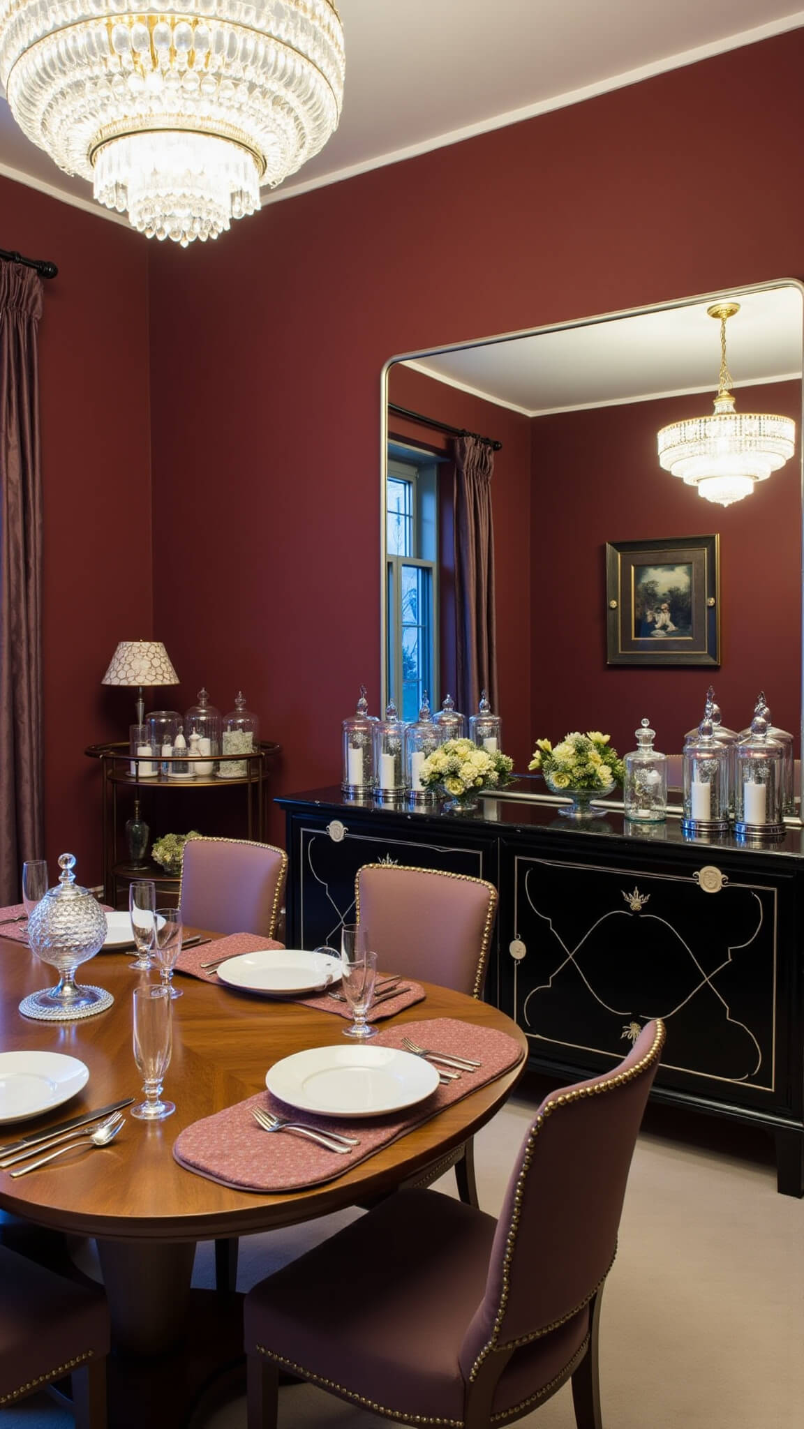 Art deco-inspired dining room with aubergine walls, crystal chandelier over dark walnut oval table, vintage bar cart, mirrored panels, and black marble sideboard with curiosities, captured in evening lighting from above.