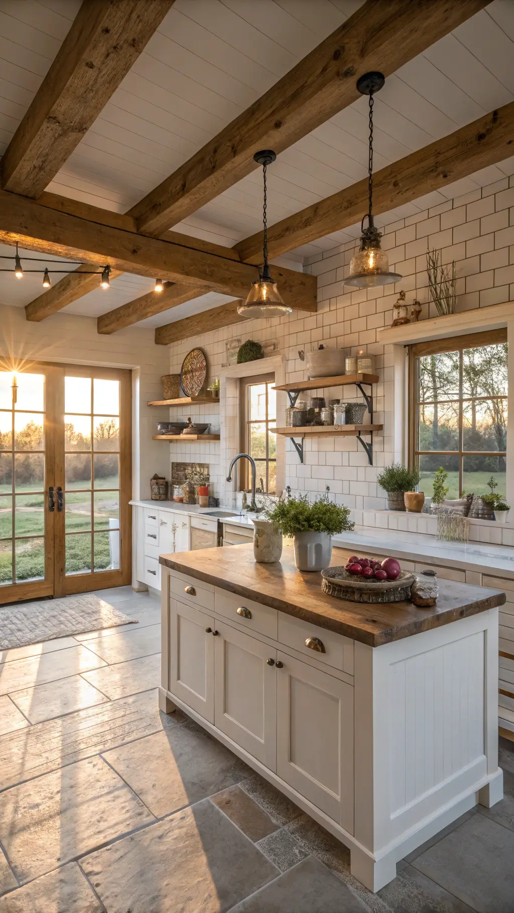 Cozy farmhouse kitchen at golden hour with exposed beams, off-white cabinets, reclaimed wood island, vintage decor, and warm natural light.