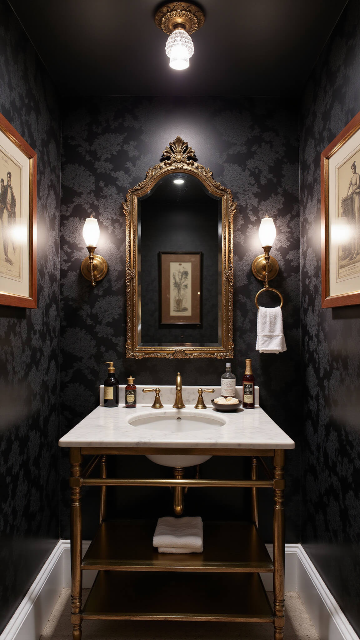 Moody 8x10ft powder room with dark floral wallpaper, marble washstand beneath ornate bronze mirror, vintage apothecary bottles on brass shelves, crystal ceiling fixture, antique medical prints in copper frames, and dramatic sconce lighting.
