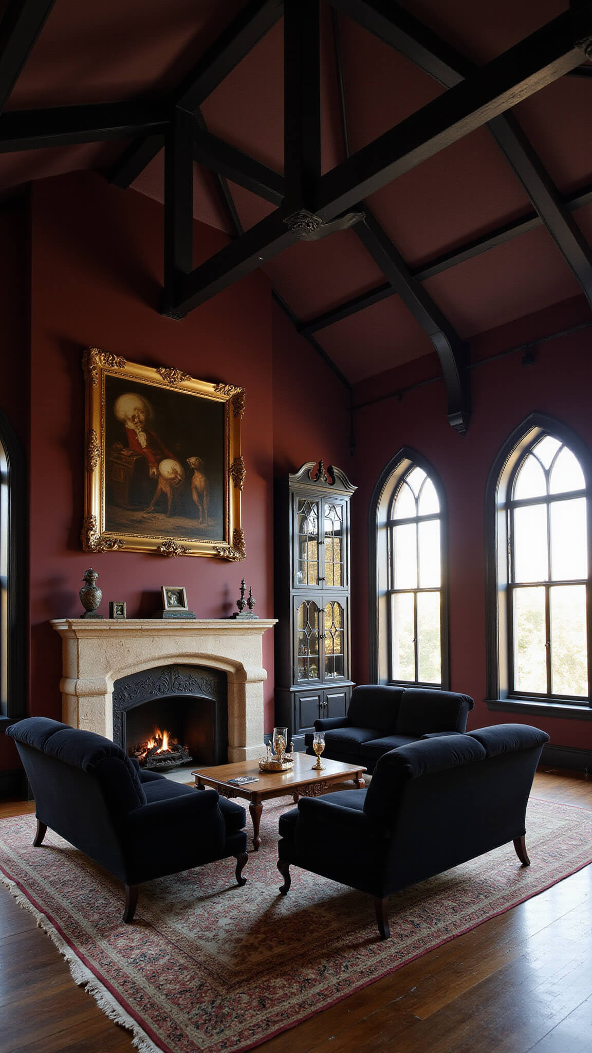 Gothic revival sitting room with cathedral black-beamed ceiling, deep burgundy walls, black velvet Victorian settees around a stone fireplace, arched windows, curiosity cabinets, and warm golden hour lighting.