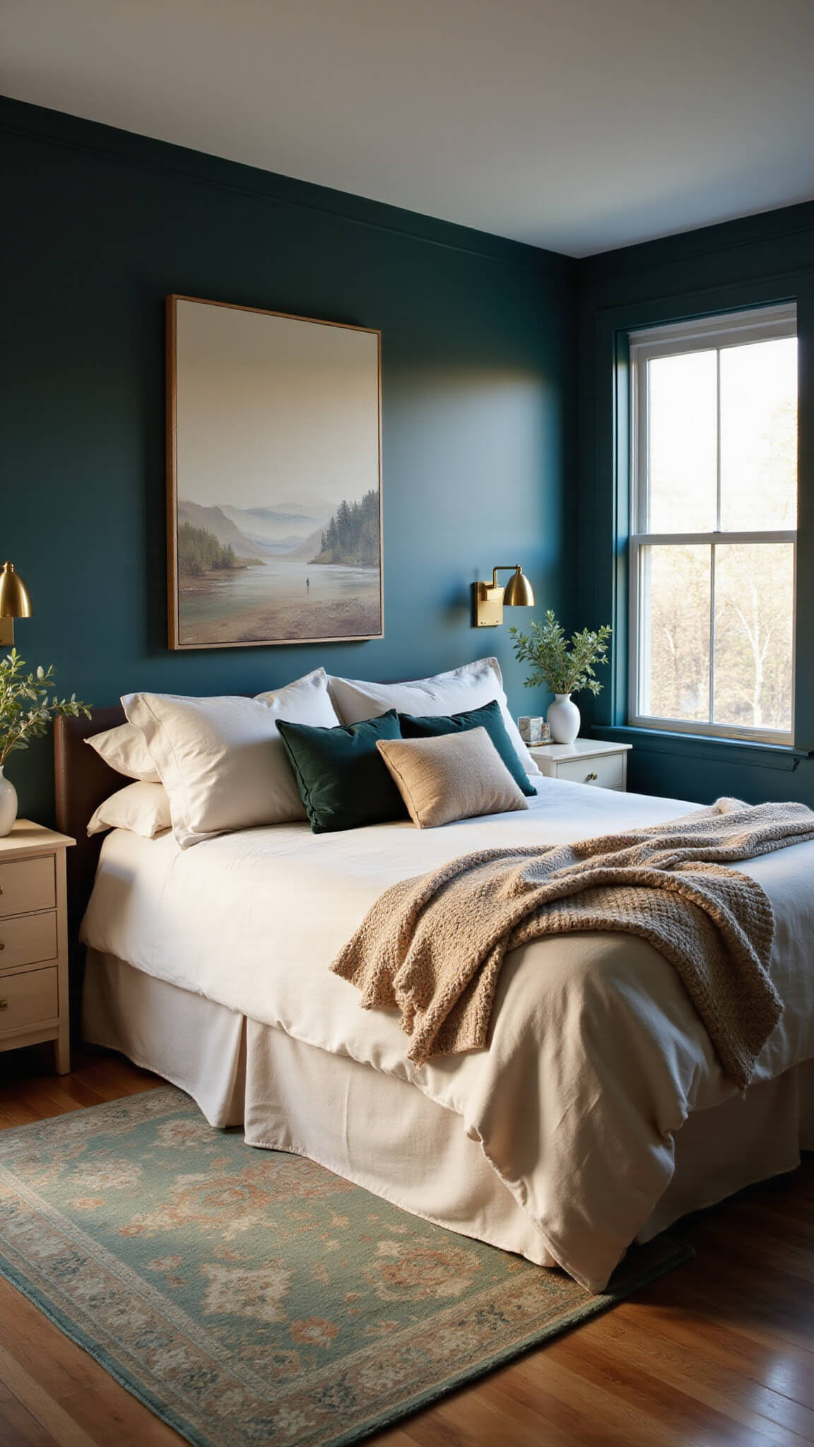 Elegant bedroom with deep teal walls, cream bedding on a king bed, brass sconces, white oak nightstands, and golden hour light illuminating textures and a vintage Persian rug.