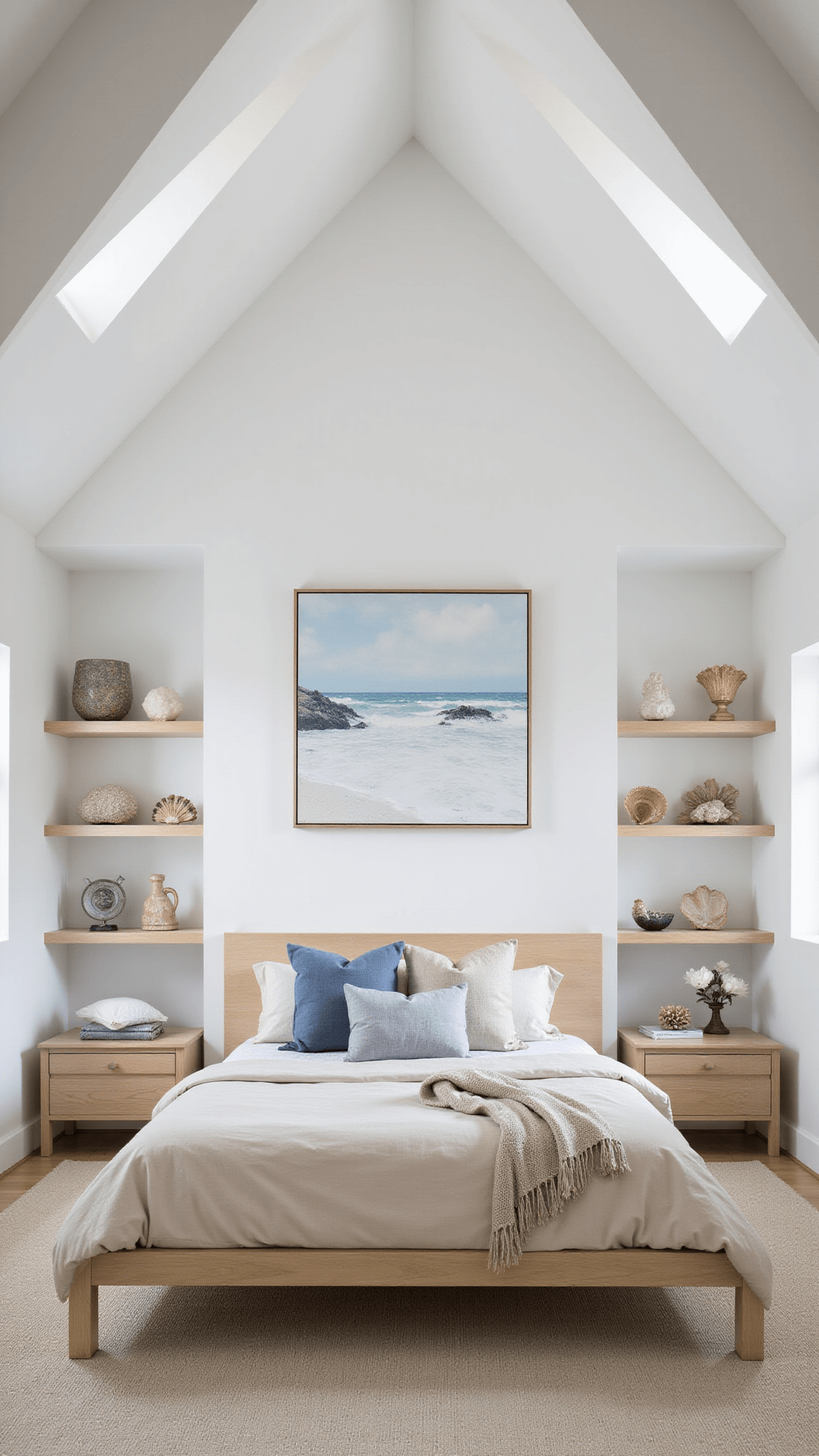 Minimalist coastal bedroom with vaulted ceiling, clerestory windows, platform bed in neutral tones, and abstract seascape artwork.