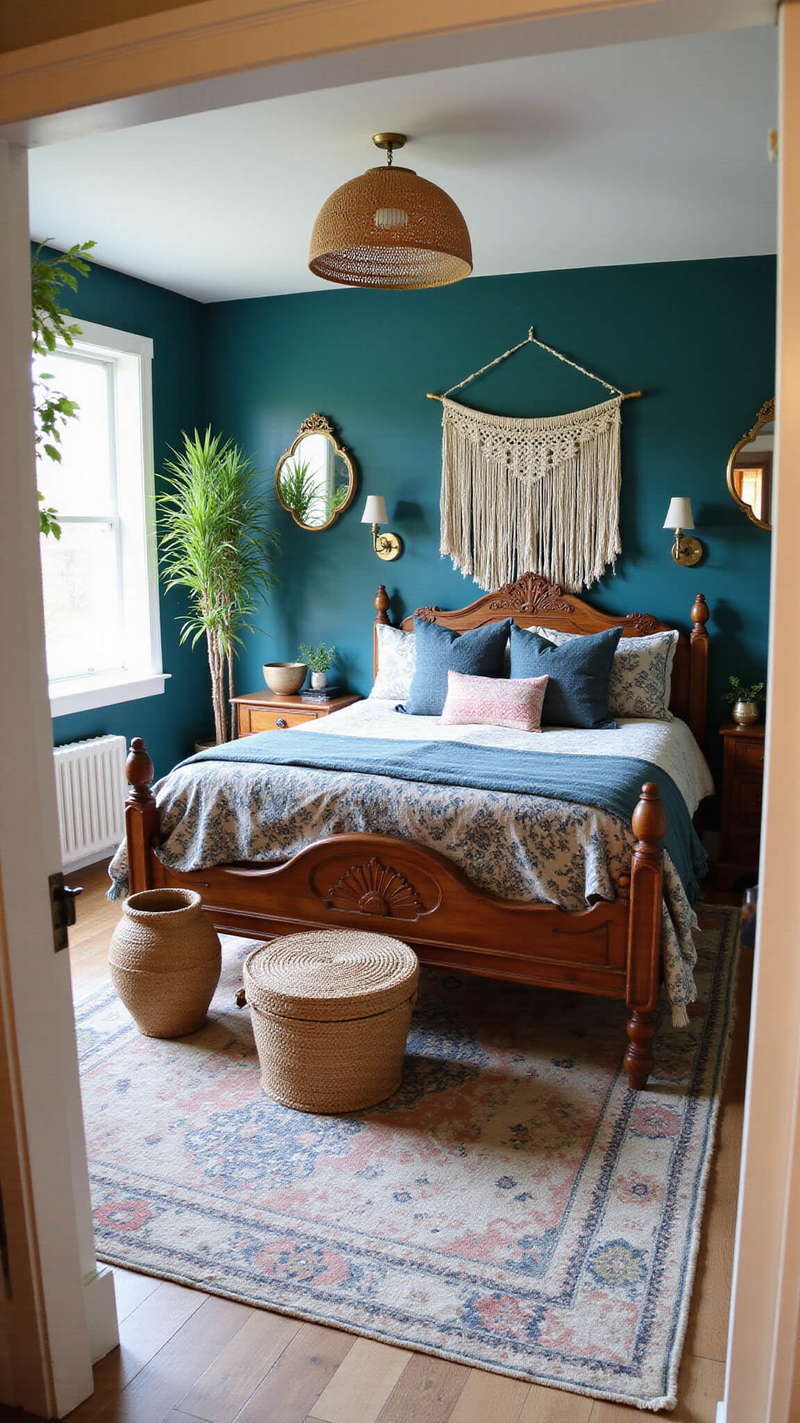 Bohemian bedroom with peacock teal walls, carved wooden bed, indigo textiles, macramé decor, layered rugs, rattan pendant light, brass mirrors, and potted palms.
