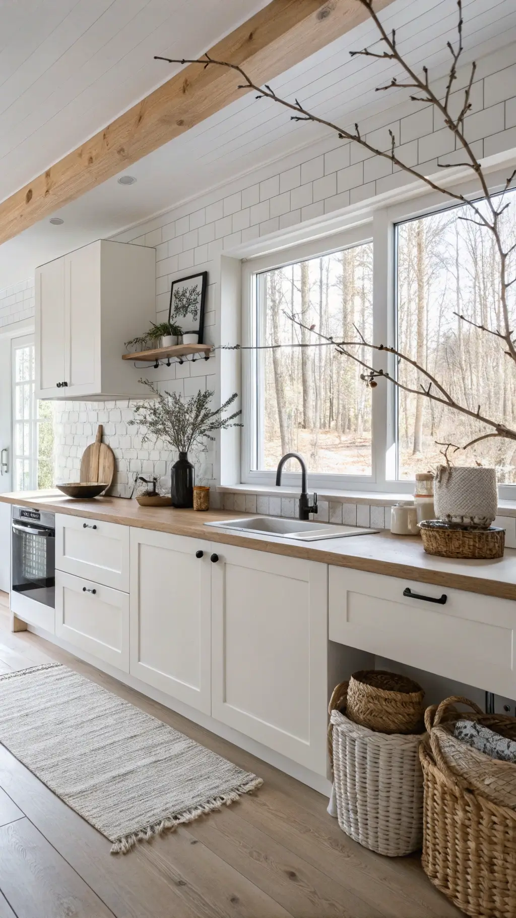 Minimalist Scandinavian kitchen with light wood accents, white handleless cabinets, oak countertops, and morning natural light.