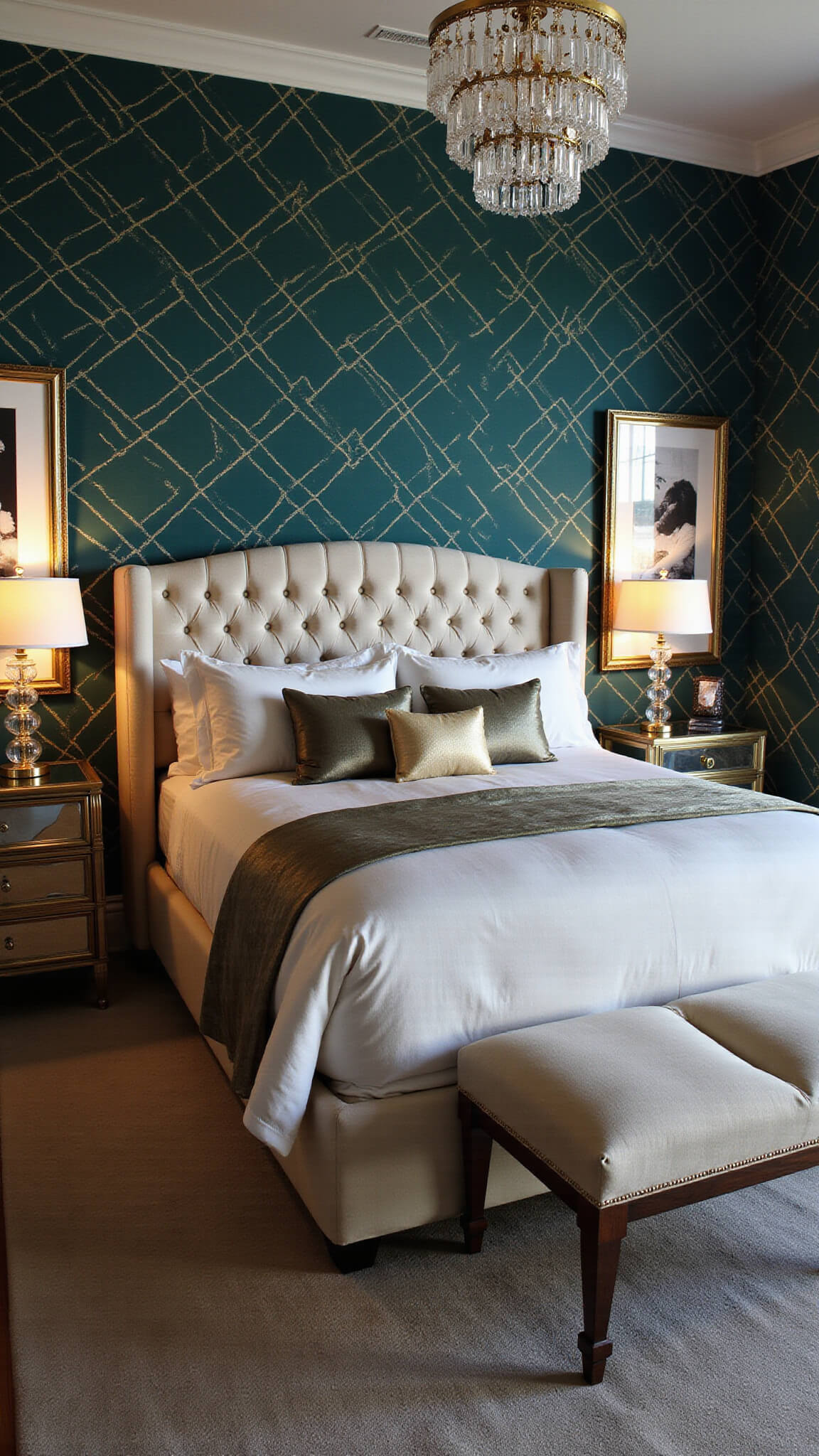 Art Deco bedroom with cream velvet tufted bed, teal and gold wallpaper, crystal chandelier, mirrored nightstands, and brass lighting, photographed at dusk.