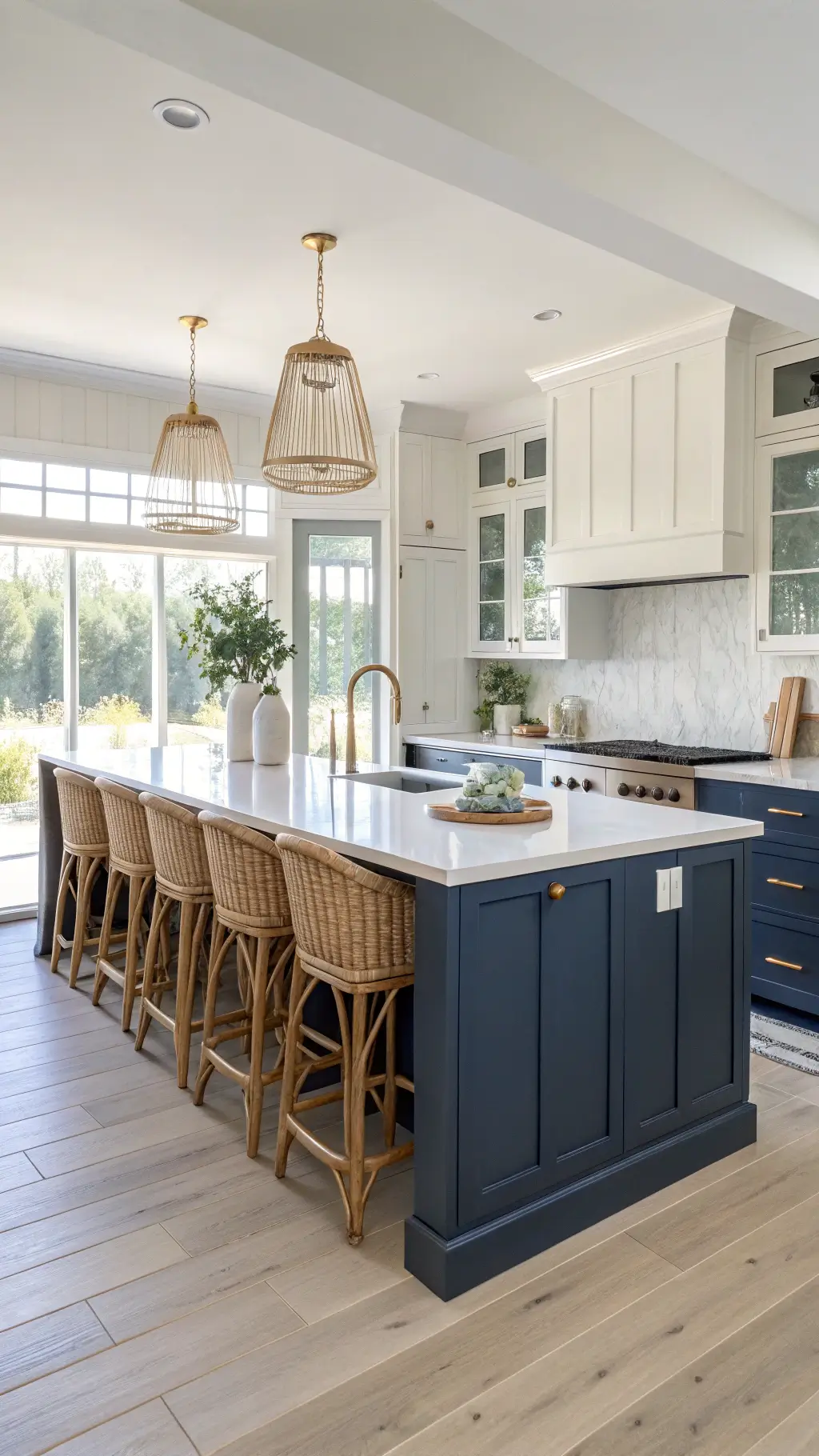 Modern coastal kitchen with navy shaker cabinets, brass hardware, white quartz countertops, waterfall island, rattan stools, and floor-to-ceiling windows in bright morning light.
