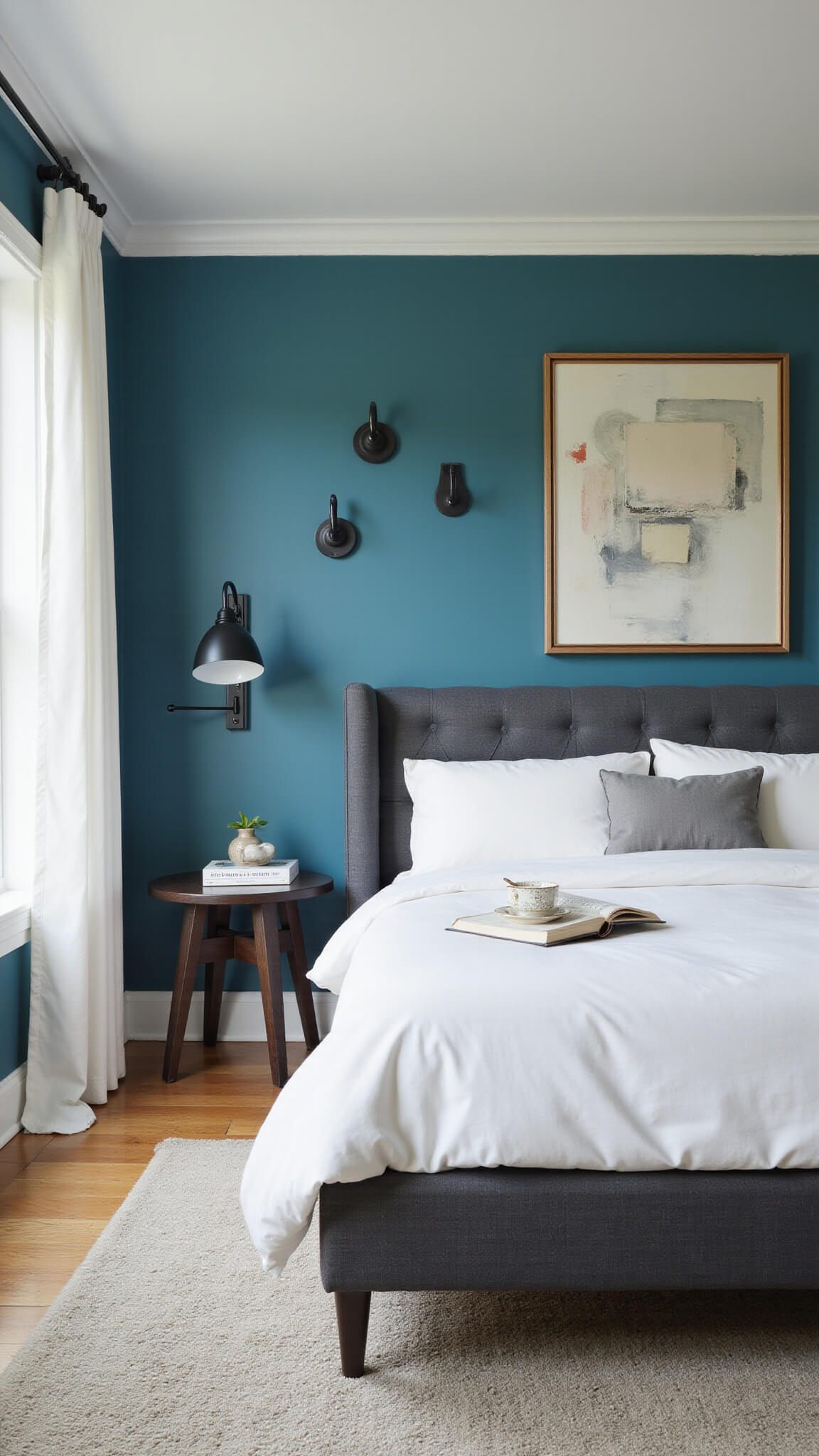 Contemporary fusion bedroom with teal walls, charcoal upholstered bed, minimalist black lighting, abstract wall art, and cream-gray wool rug in bright mid-morning light.