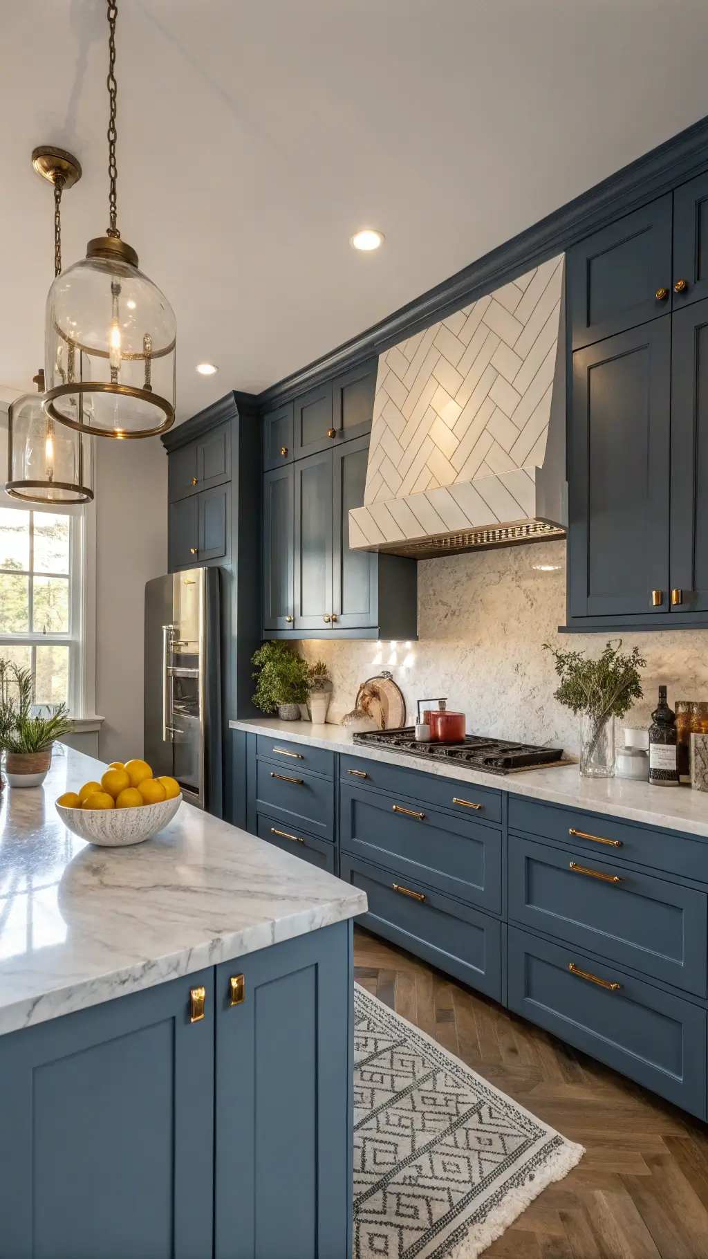 Elegant prussian blue kitchen with marble island, antique bronze accents, and warm afternoon light highlighting herringbone backsplash and vintage decor.