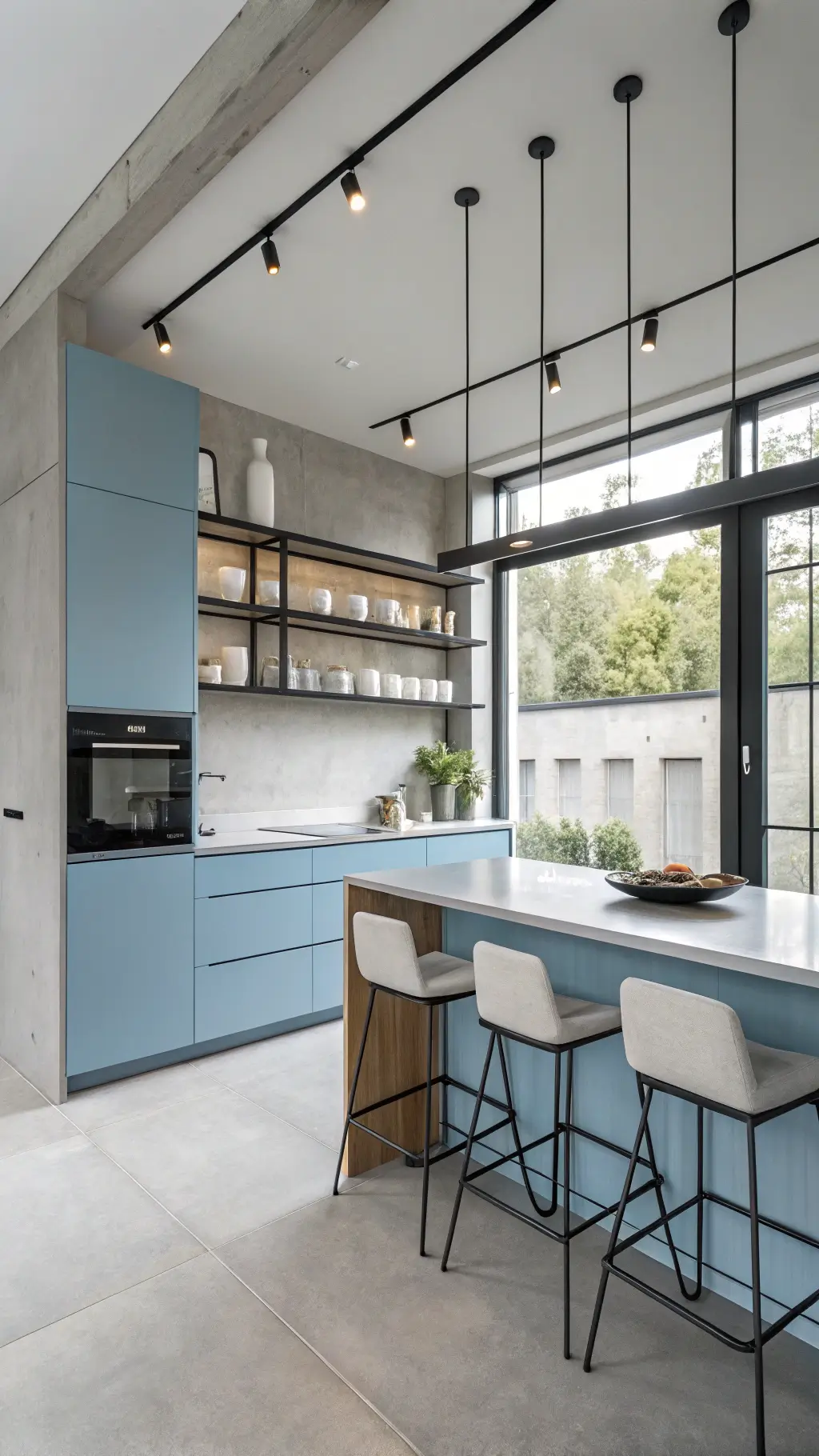 Minimalist azure kitchen with powder blue cabinets, concrete countertops, and double-height windows flooding space with natural light.