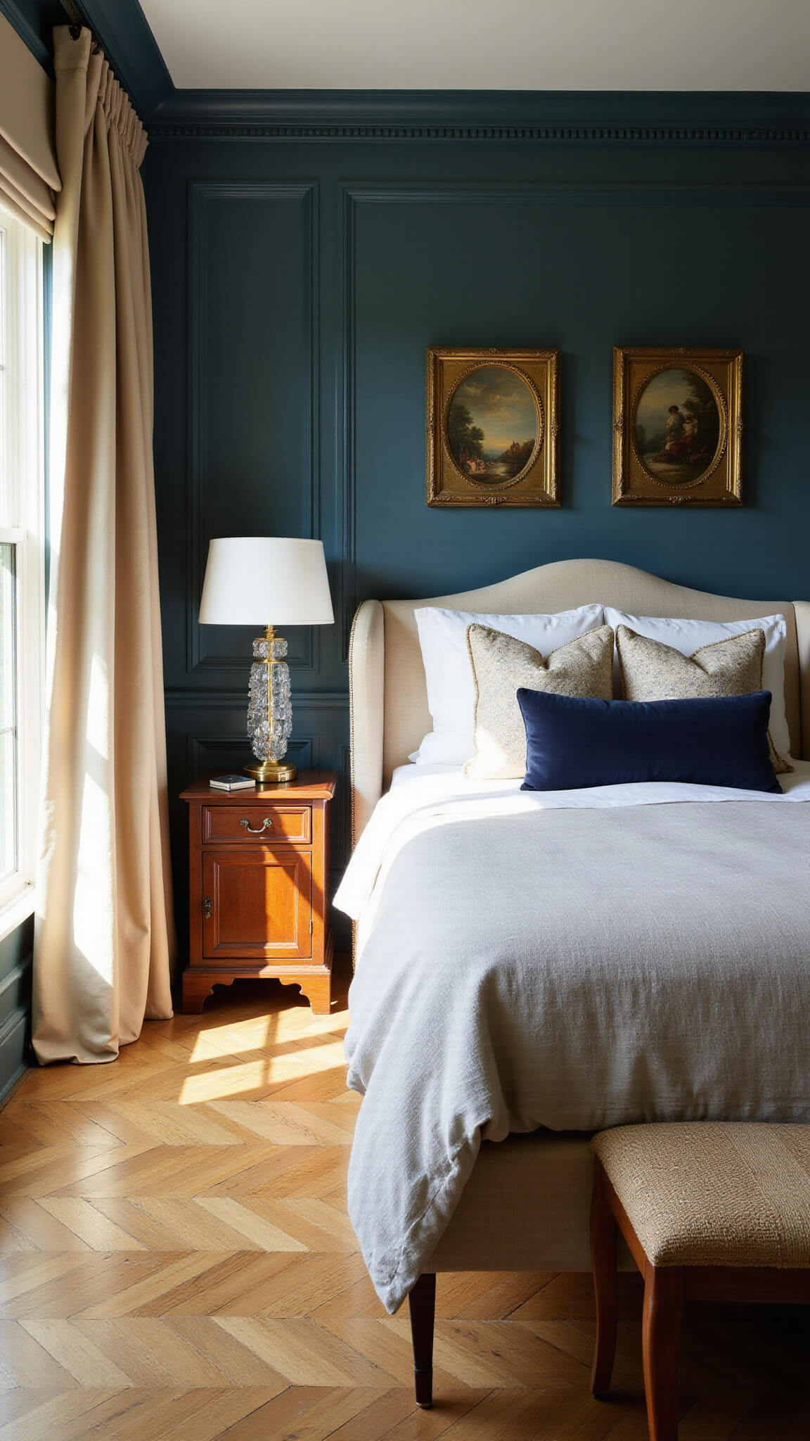 Elegant master suite with dark teal paneled walls, herringbone wood floors, and a wing-back linen bed in golden afternoon light.
