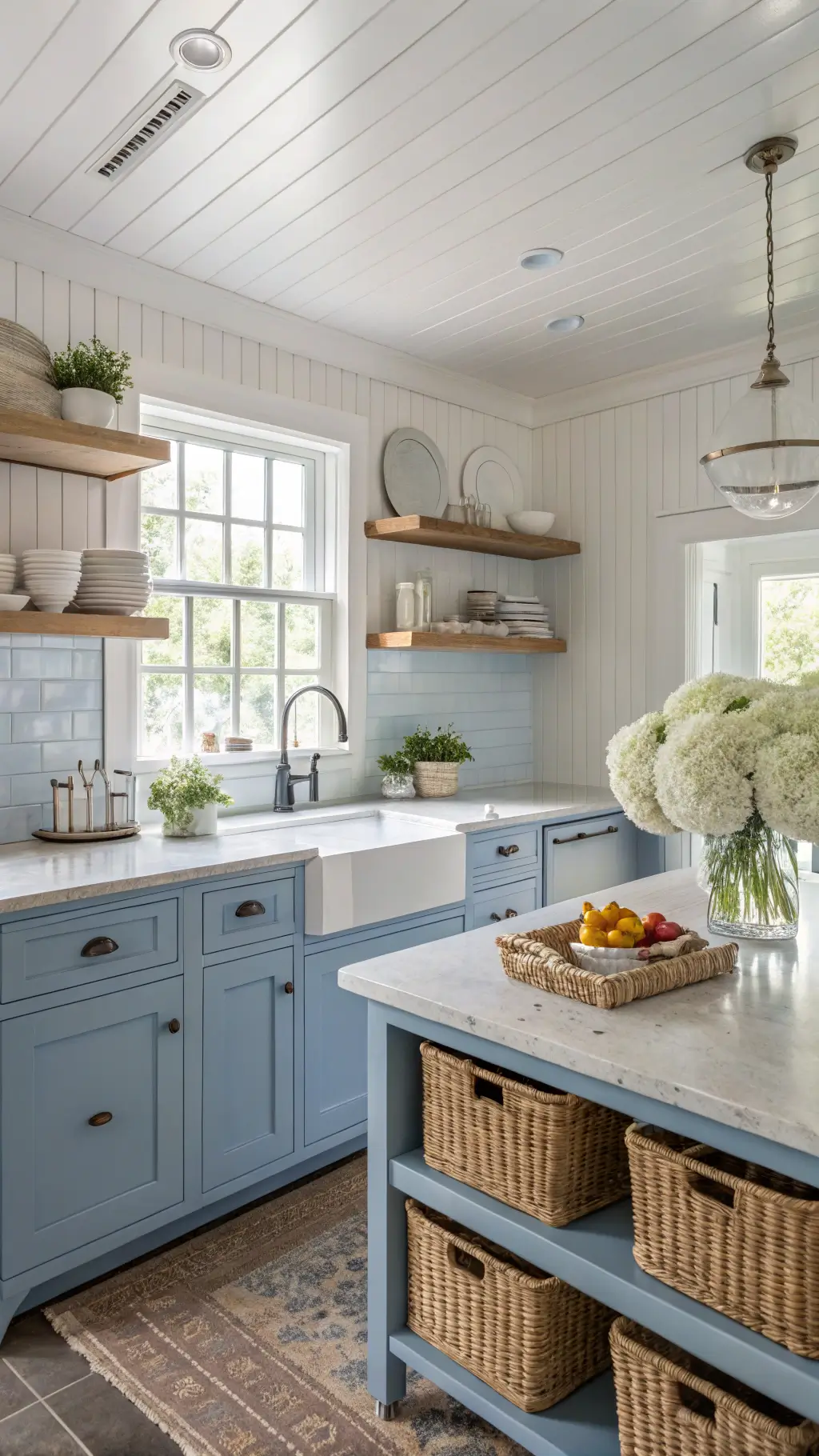 Coastal farmhouse kitchen with cornflower blue cabinets, white open shelves, vintage sink, butcher block island styled with hydrangeas and ironstone, in soft morning light.