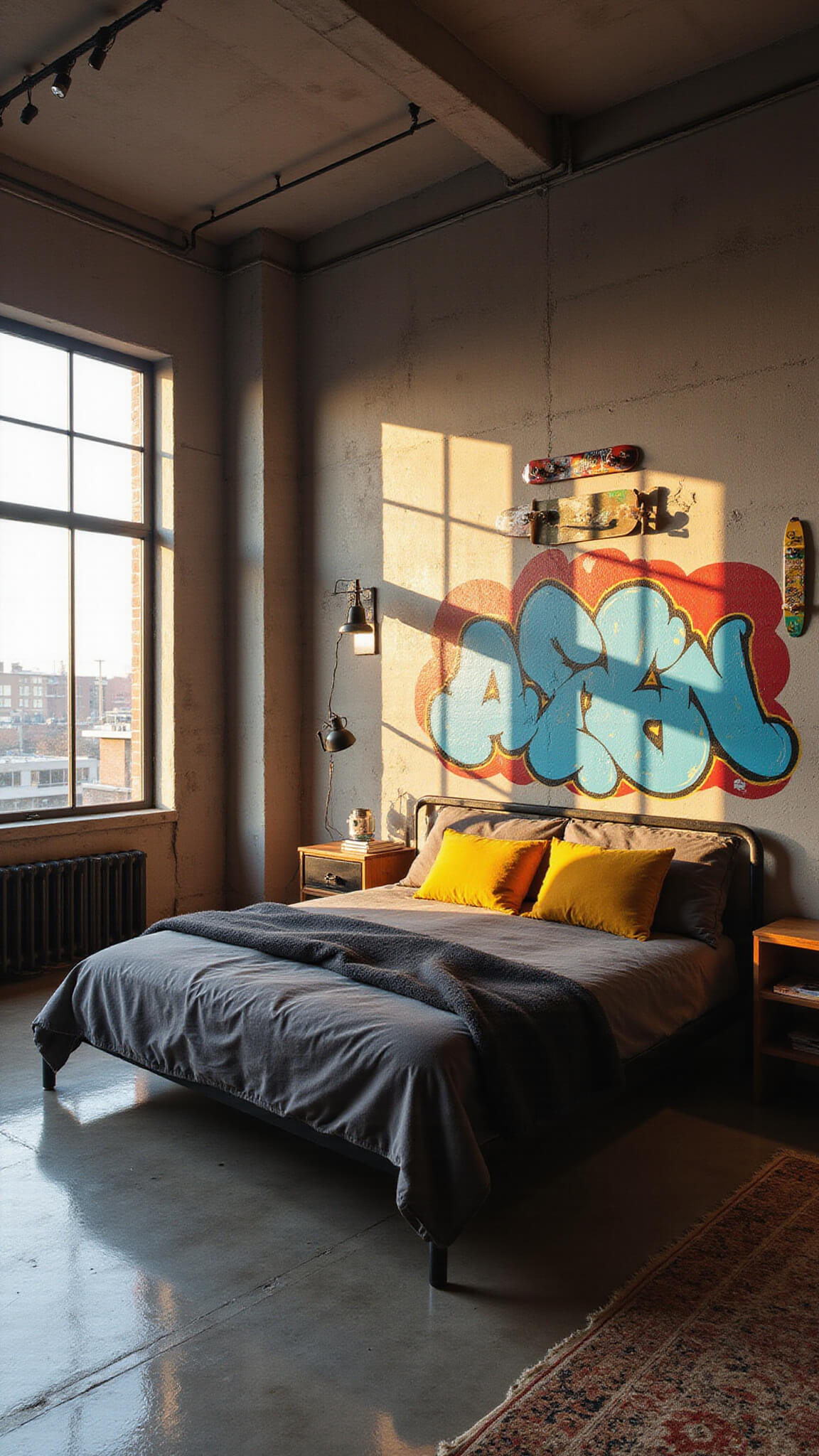 Industrial loft bedroom at golden hour with large graffiti mural, black metal bed, vintage skateboard wall art, and sunlight through factory windows.