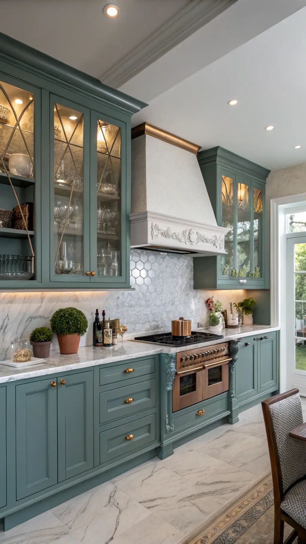 Modern L-shaped kitchen with teal-gray Shaker cabinets, marble arabesque backsplash, brass hardware, and traditional crown molding.