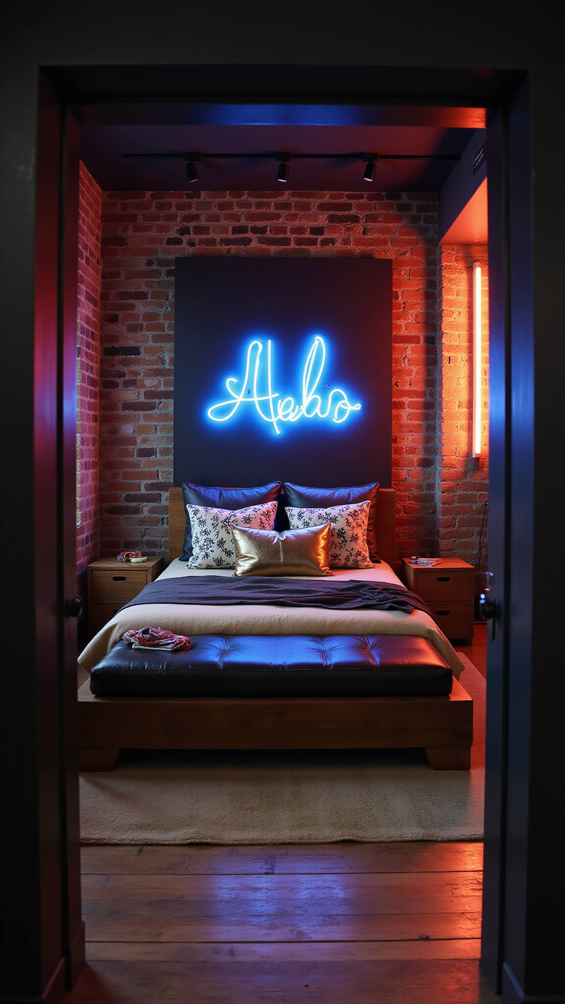 Moody street-style bedroom with black brick walls, neon art, leather bed, and reclaimed wood nightstands, viewed wide-angle at blue hour.