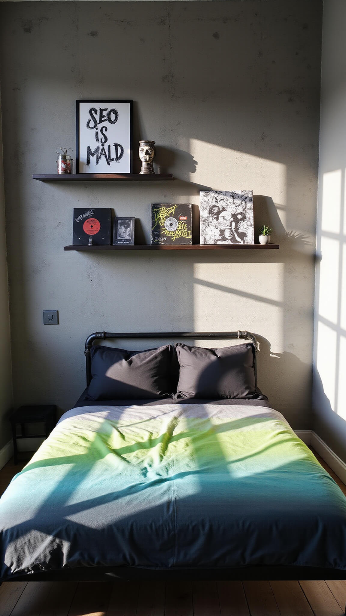 Contemporary 14x16ft bedroom with concrete-effect wall, monochrome typography art, industrial shelving, vinyl records, steel bed with black to electric green bedding, dramatic midday shadows and geometric patterns.