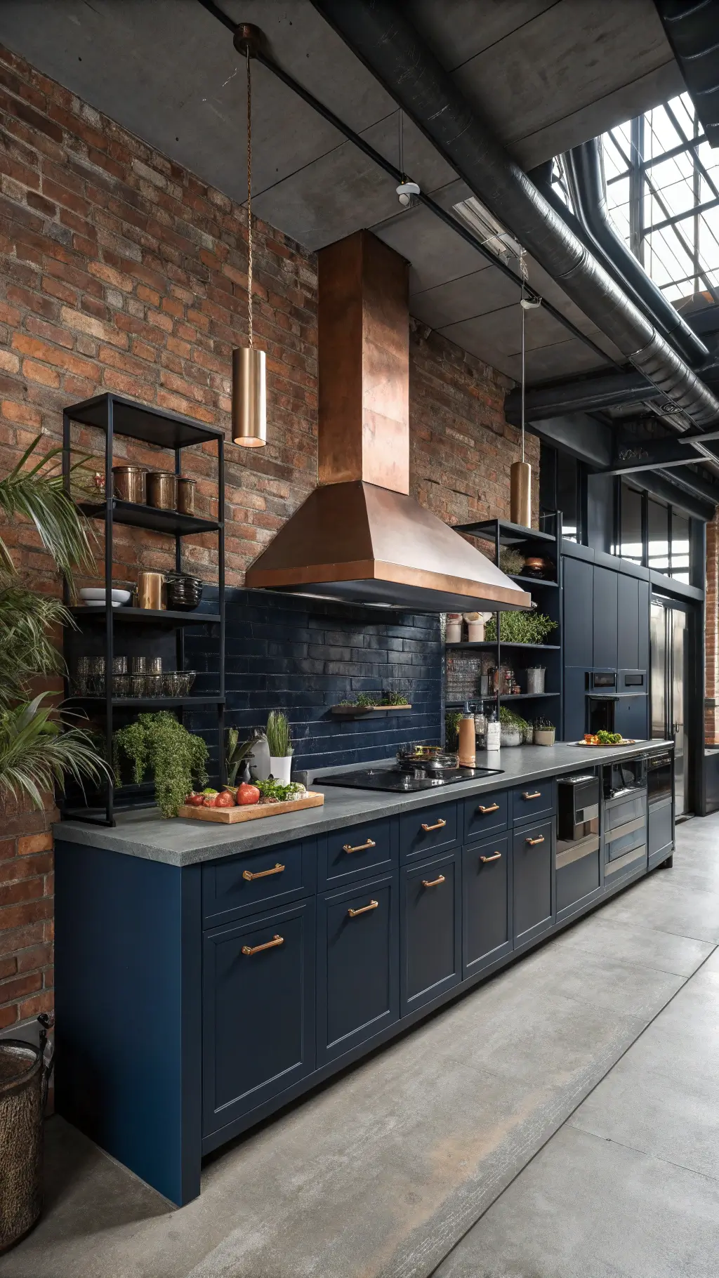 Industrial luxe kitchen with midnight blue metal cabinets, copper range hood, exposed brick, and moody factory lighting.