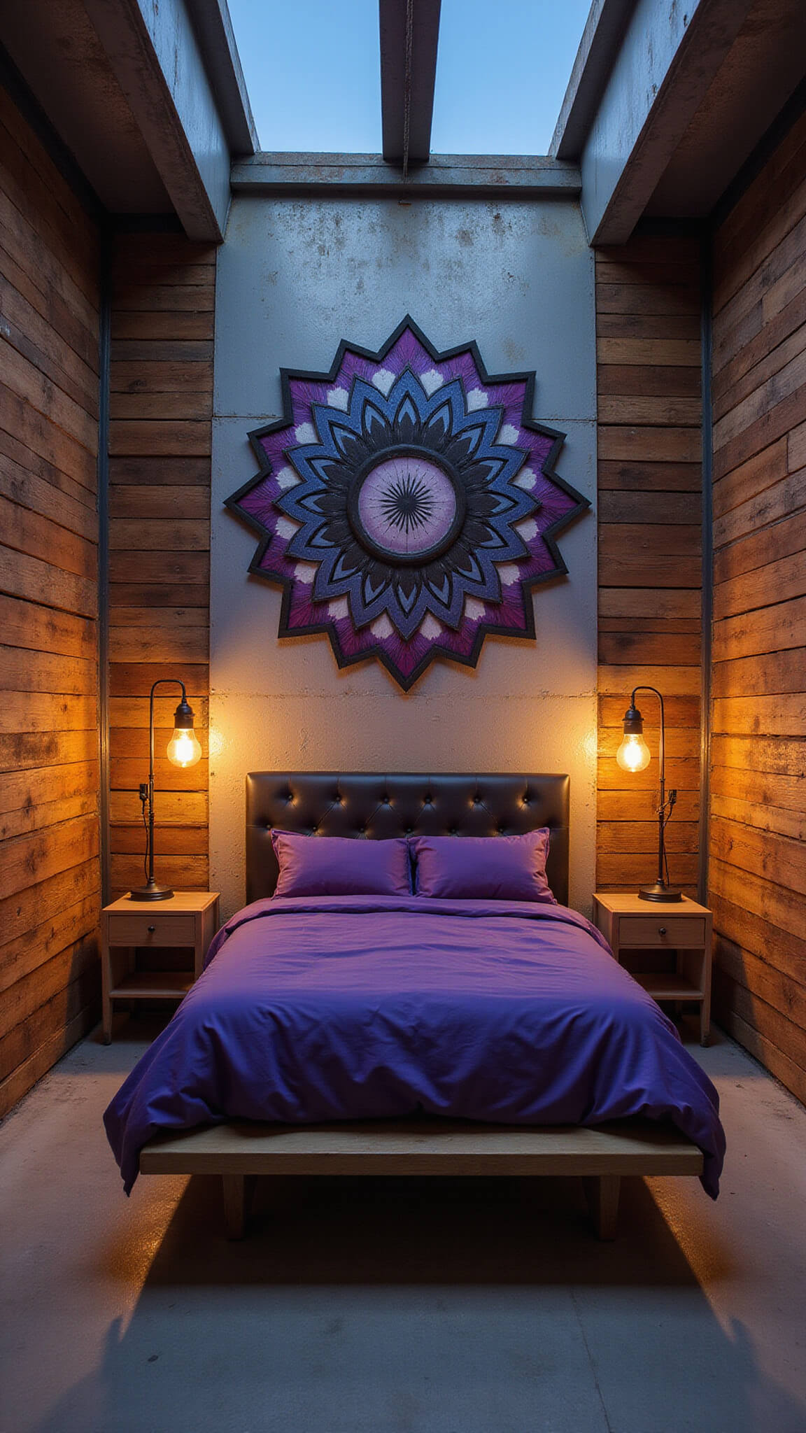 Cozy 10x12ft urban bedroom with metal walls, salvaged wood accents, mandala above floating bed, deep purple bedding, and warm industrial lighting.